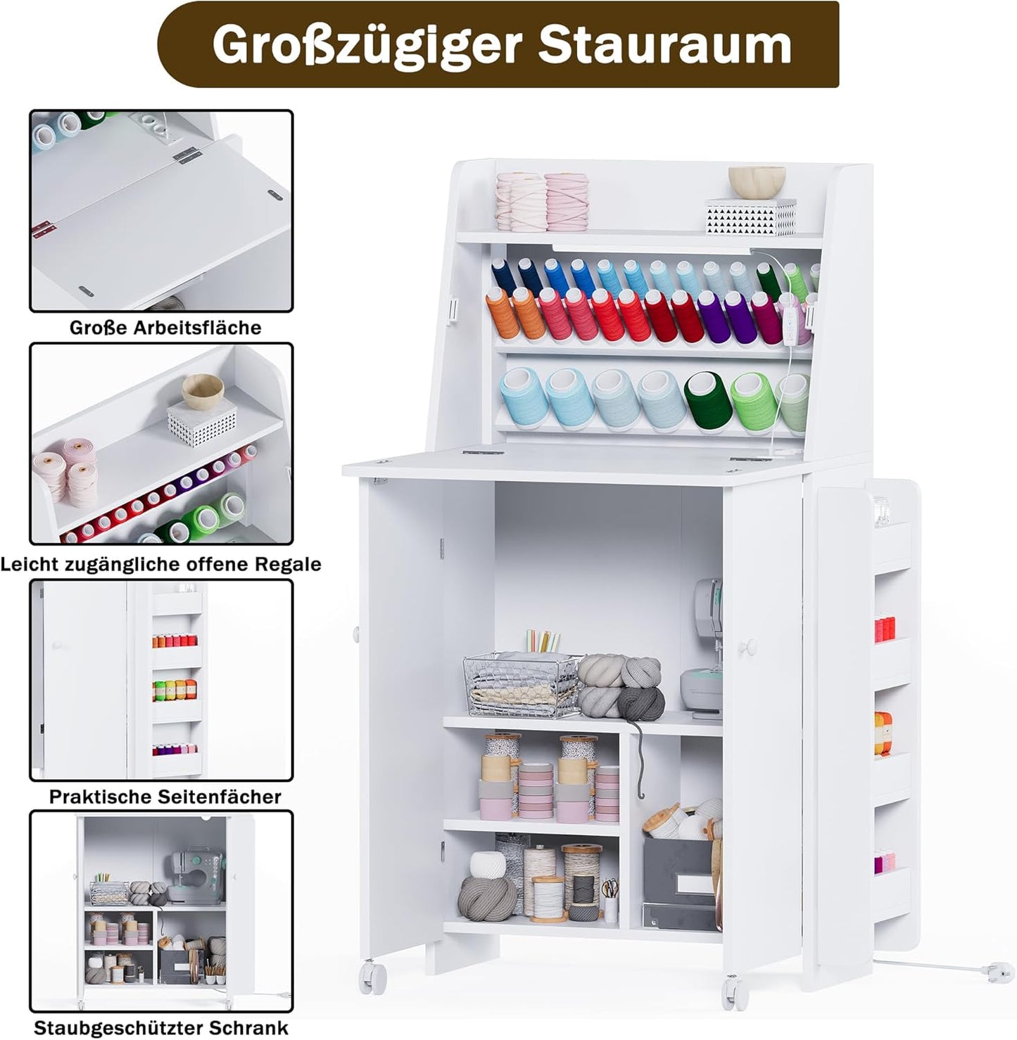 Klappbarer LED Nähtisch mit 33 Garnhalter & 2 Steckdosen, USB+Typ-C
