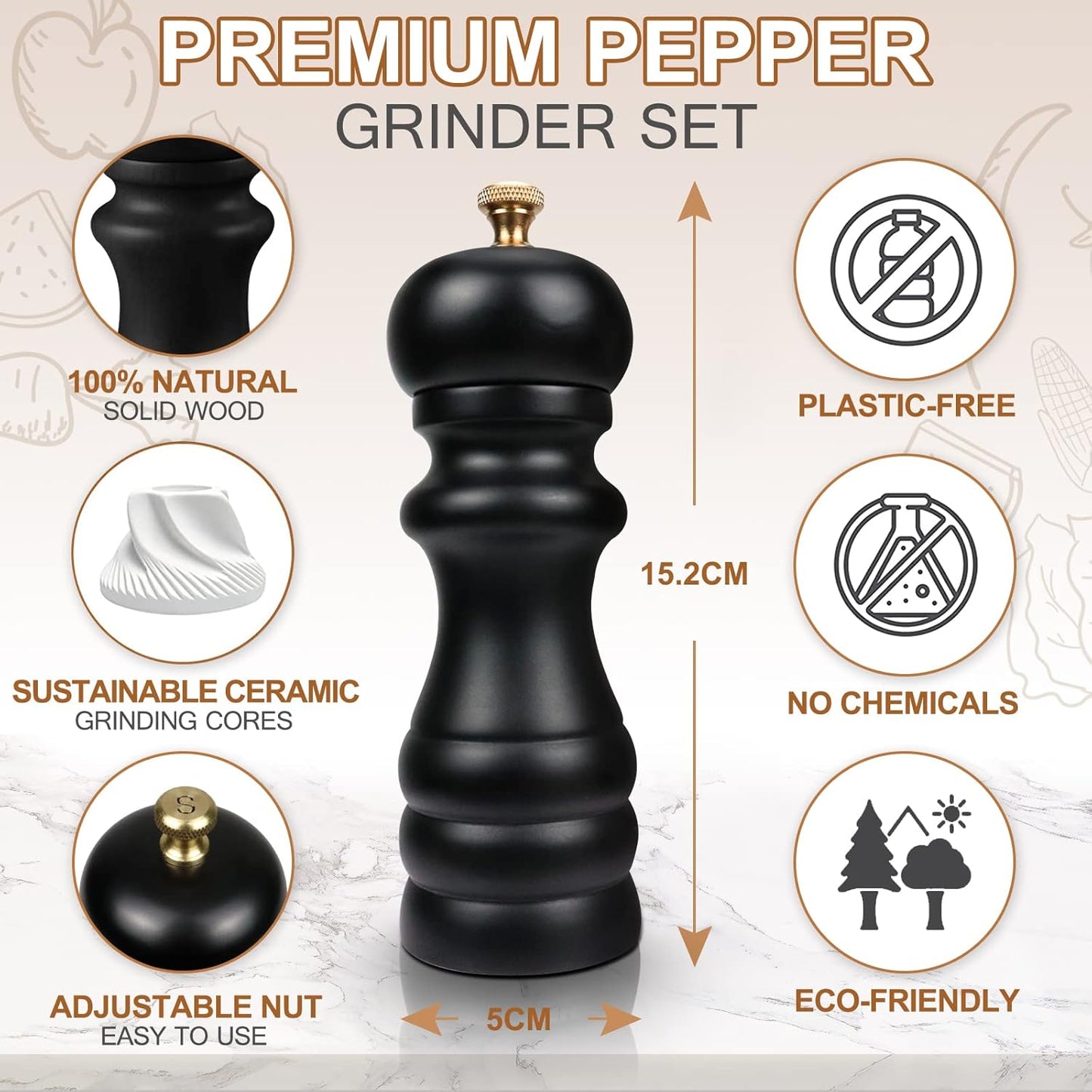 Salz und Pfeffermühlen-Set mit Keramikmahlwerk, Matte Schwarz