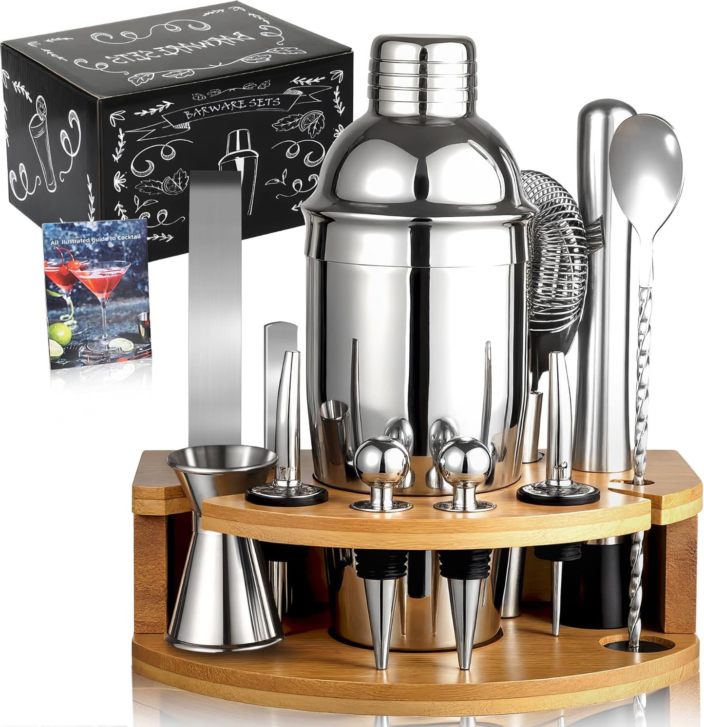 Cocktail Shaker Set mit Bambusständer (12-teilig), Silber-12 Stück