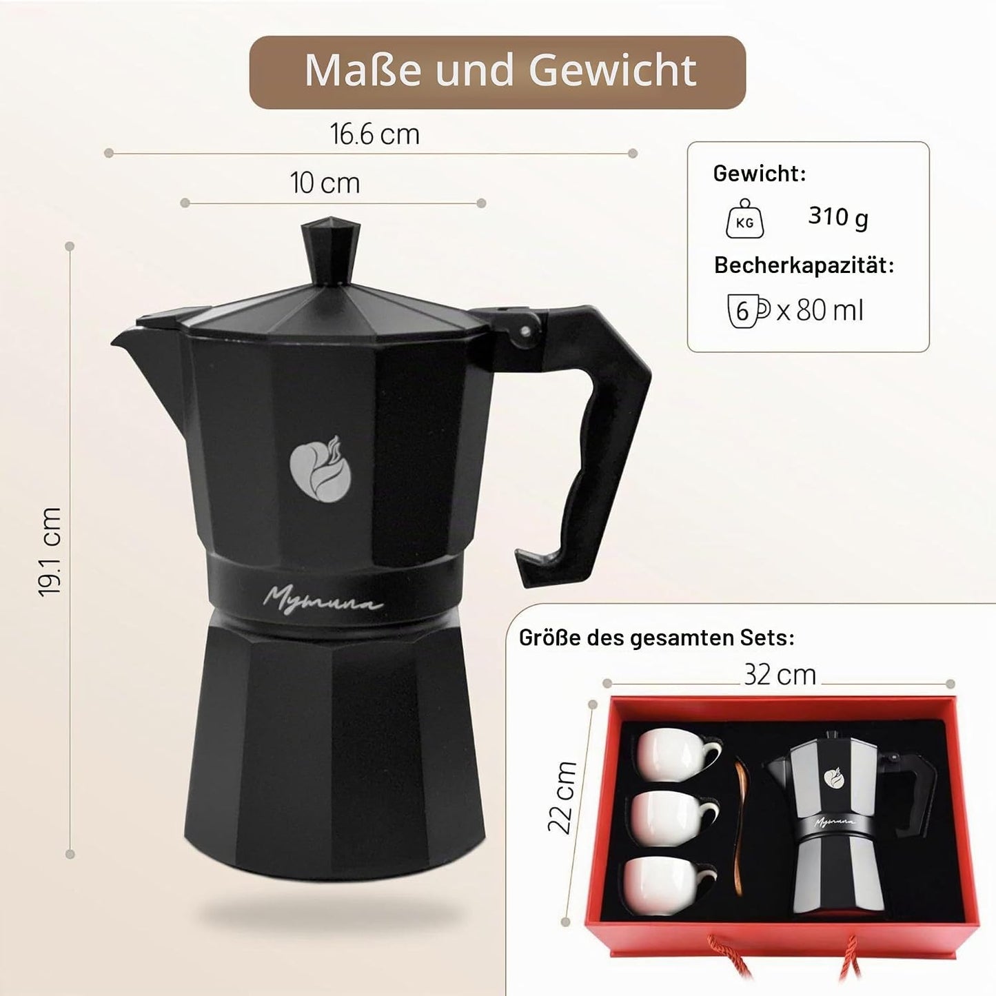 Espressokocher Set für 6 Tassen mit Zubehör
