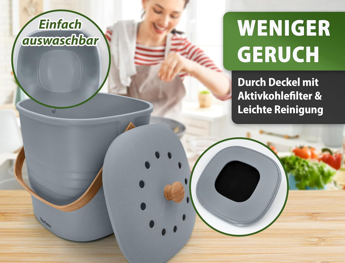 Geruchsdichter Komposteimer, 4L Grau
