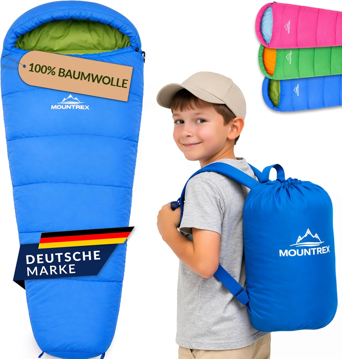 Kinderschlafsack mit Baumwollfutter, Blau/Grün 175 x 70 x 45cm