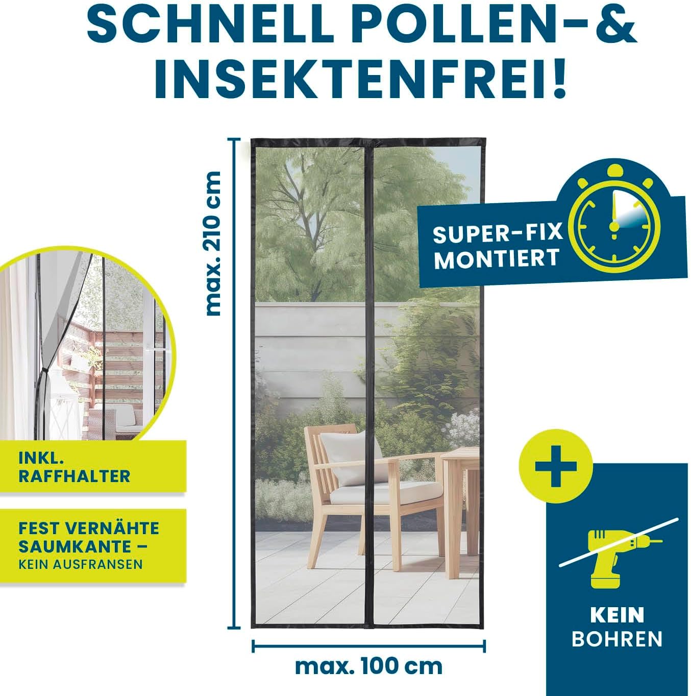 Insekten- & Pollenschutzvorhang mit Magnetbändern, 100 x 210 cm Schwarz mit Pollenschutz
