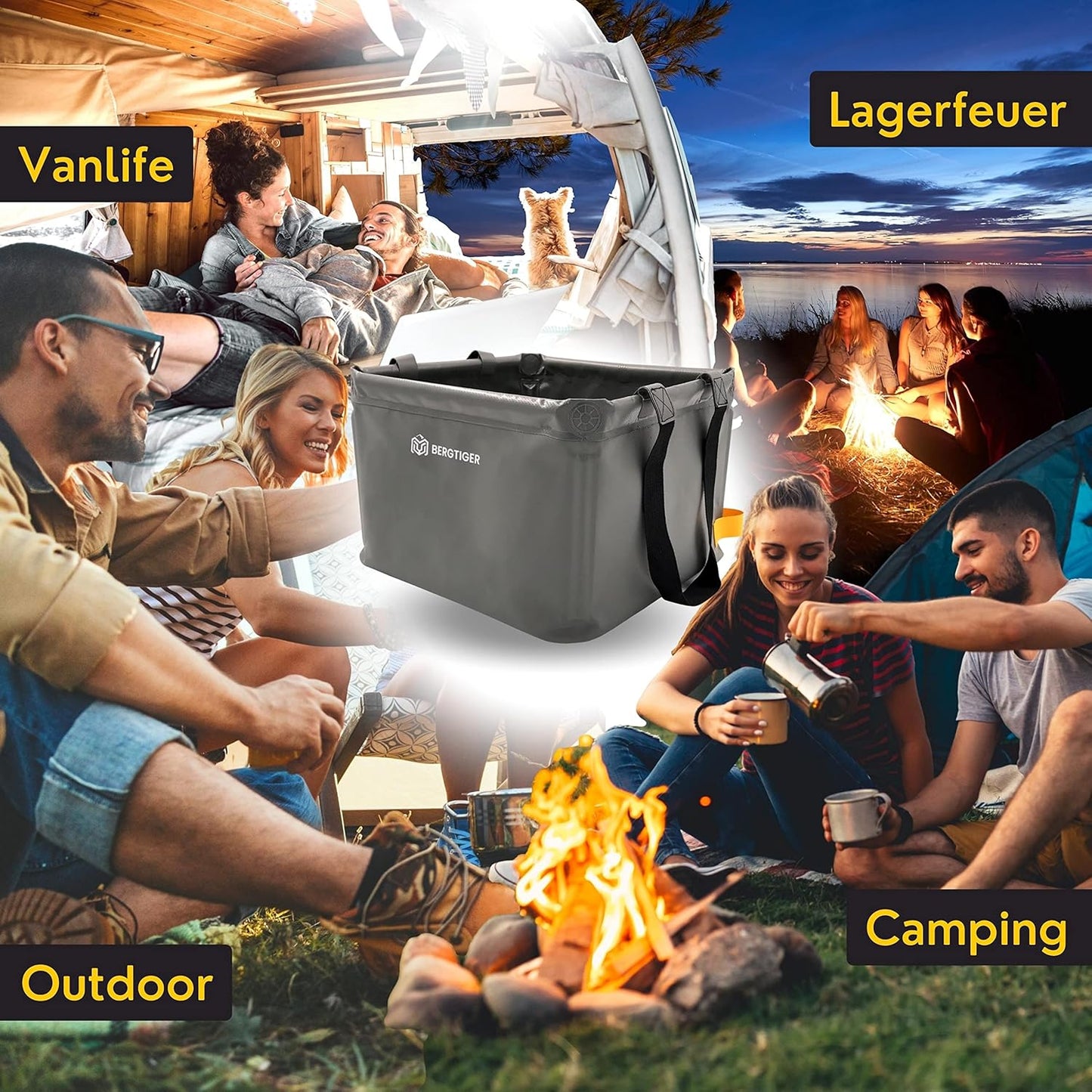Faltbare Camping-Spülschüssel mit Griff, Anthrazitgrau / Gelb - 21 Liter