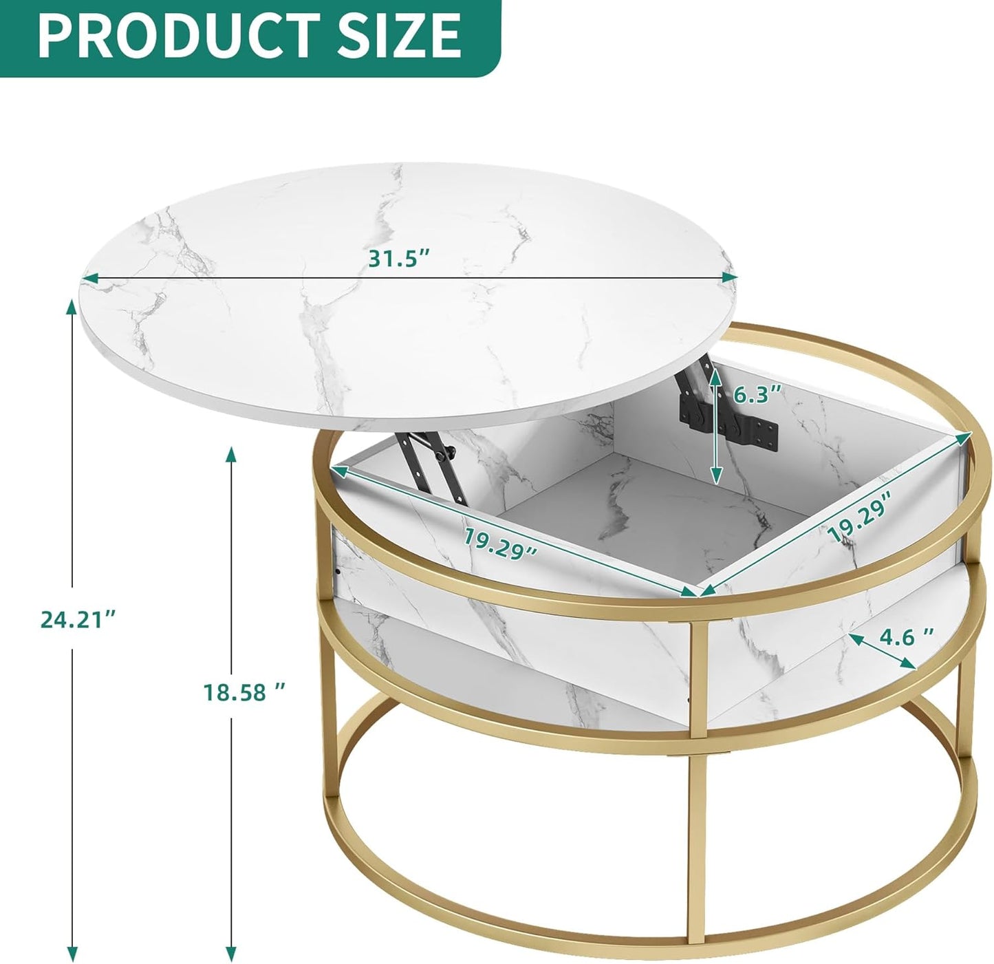 Runder Couchtisch mit Stauraum, Weiss&gold 80x80x47cm