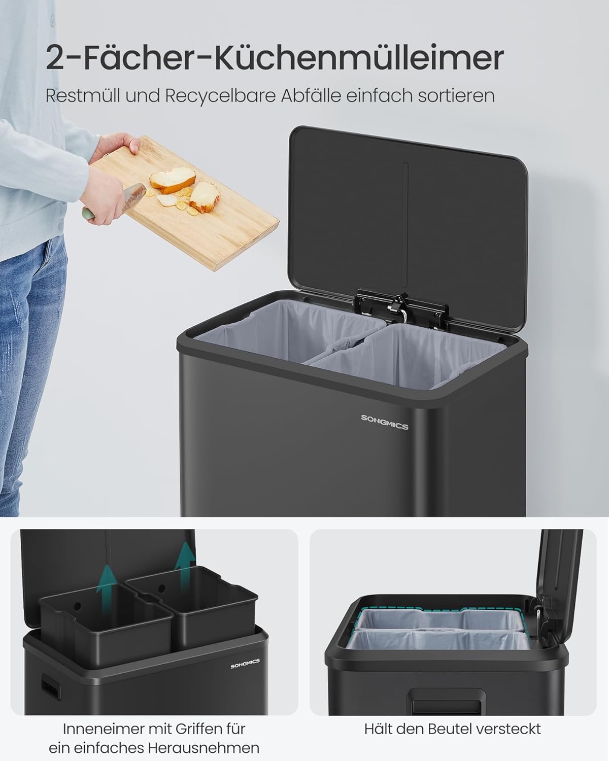 Mülltrennsystem mit 2 Fächern, 2 x 30 L, LTB556B02, tintenschwarz 60 L