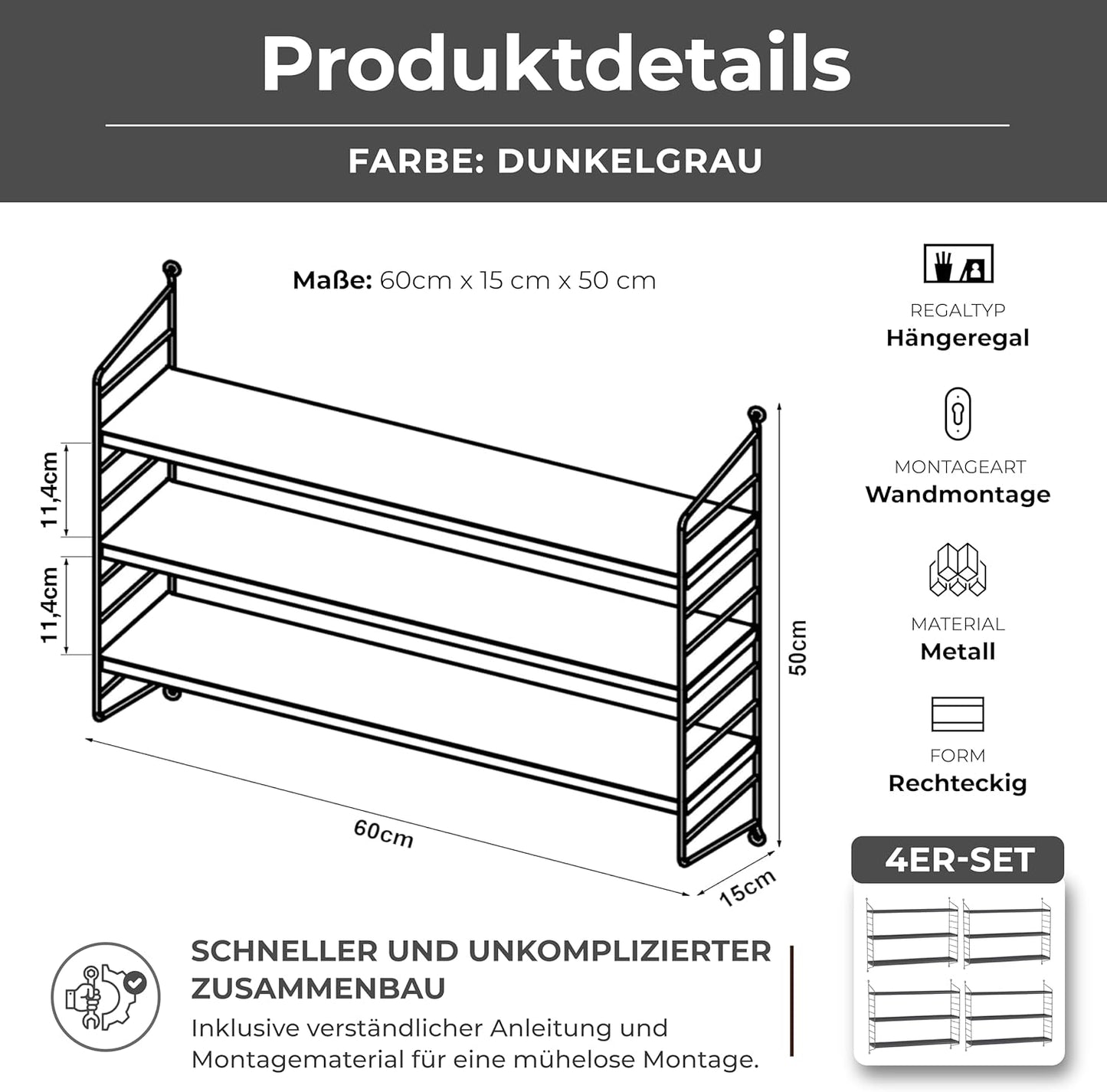 4er-Set Modulares Wandregal mit 3 Böden, Dunkelgrau 4
