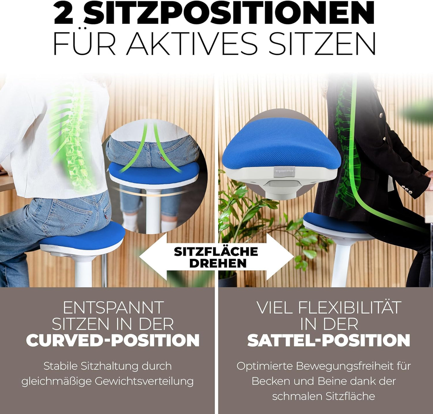 Ergonomischer Büro-Sattelhocker höhenverstellbar, Blau
