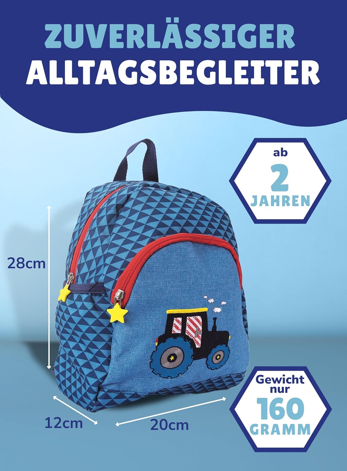 Kinder-Rucksack mit Brustgurt, Traktor - Blau Rucksack