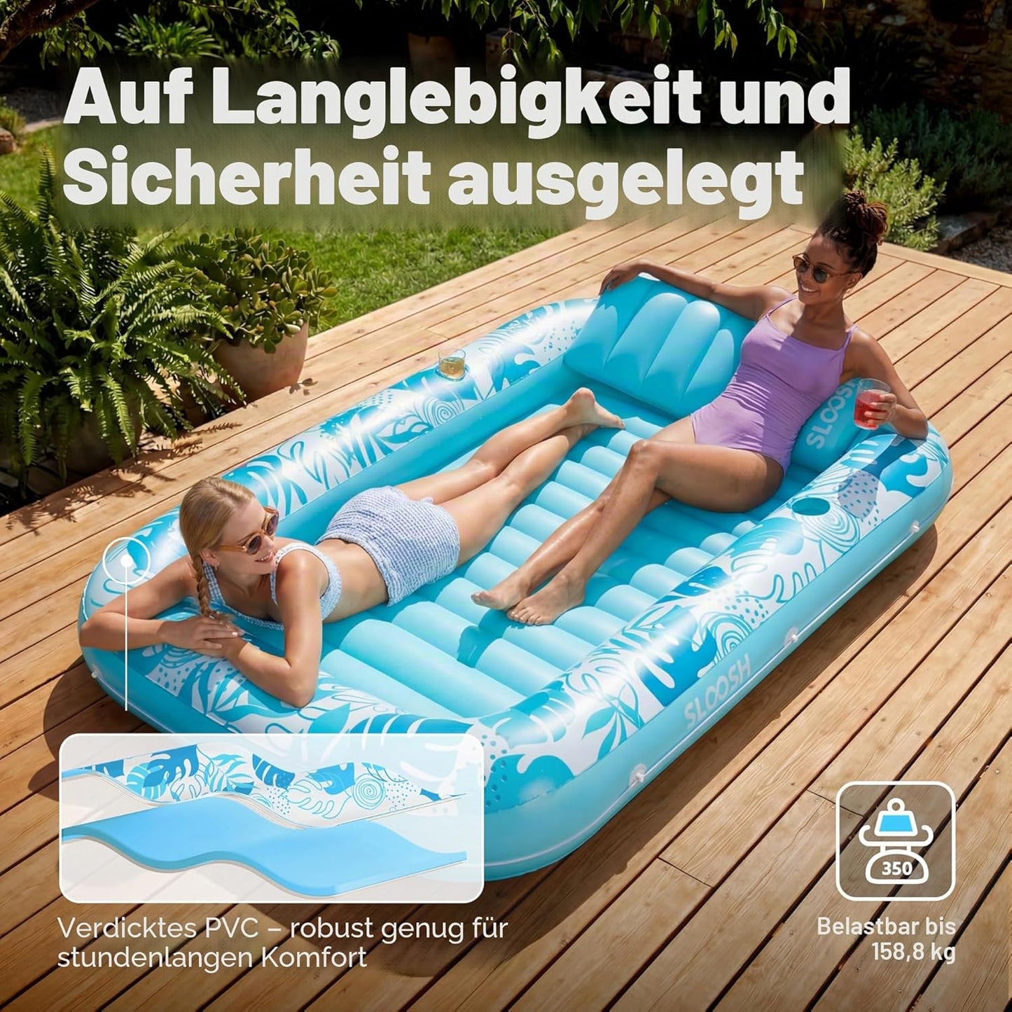 Aufblasbarer 4-in-1 Sonnenliegepool mit Kissen und Getränkehalter, Blau XL