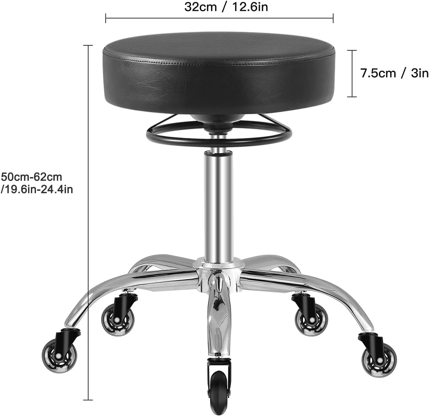 Höhenverstellbarer Hocker mit Rollen (bis 180 kg), Schwarz