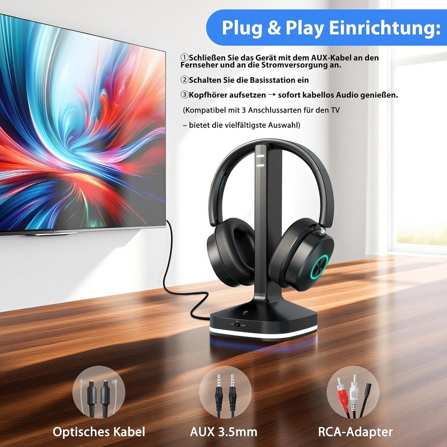 Kabellose TV-Kopfhörer mit Sender-Ladestation, Black