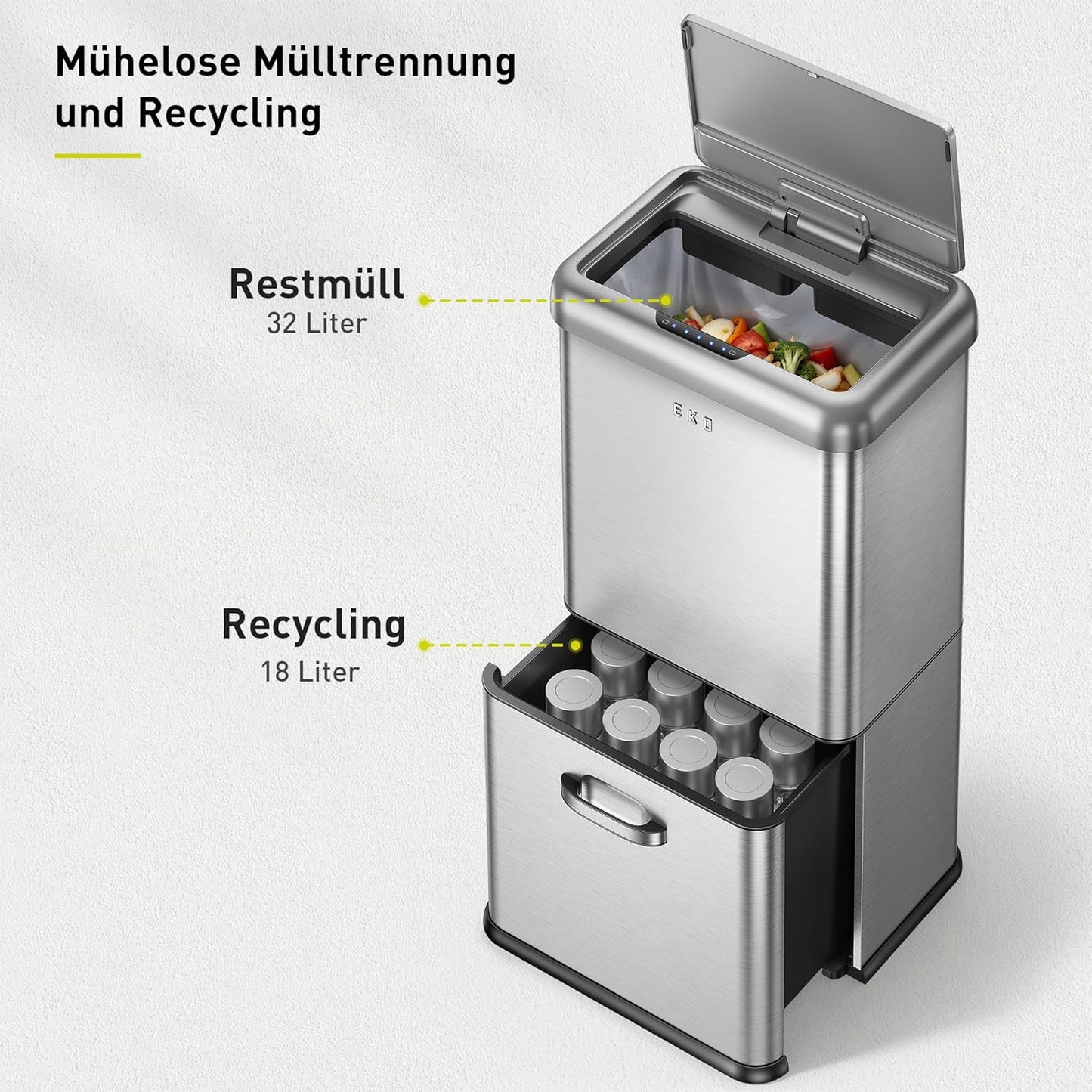 Sensor-Mülleimer mit 2 Fächern, 32+18 Liter-Edelstahl