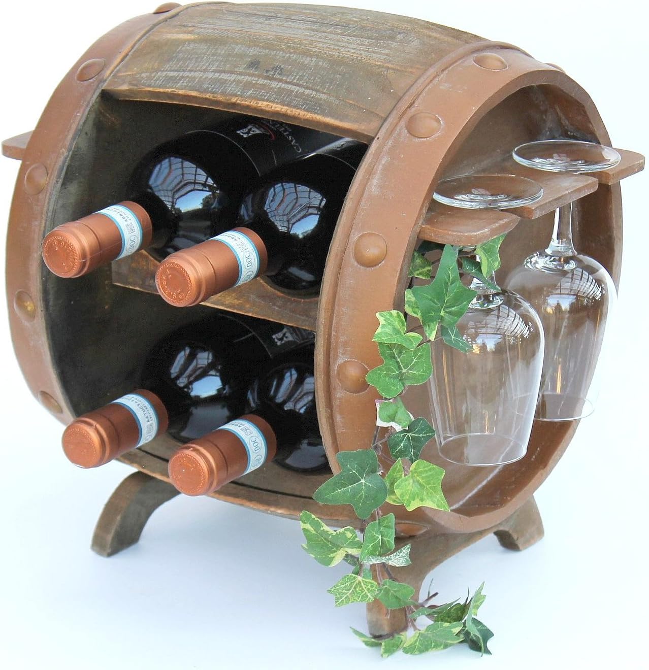 Weinfass-Flaschenregal mit Glashalter