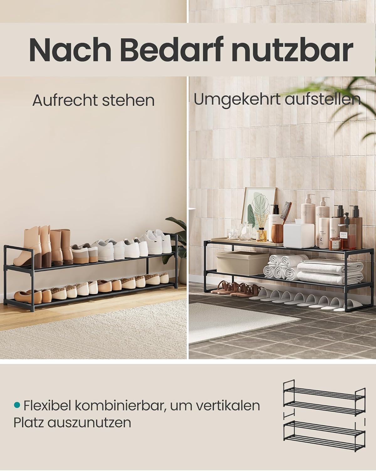 Stapelbares Schuhregal mit 2 Ebenen, 2 Ebenen (117B cm) Schwarz