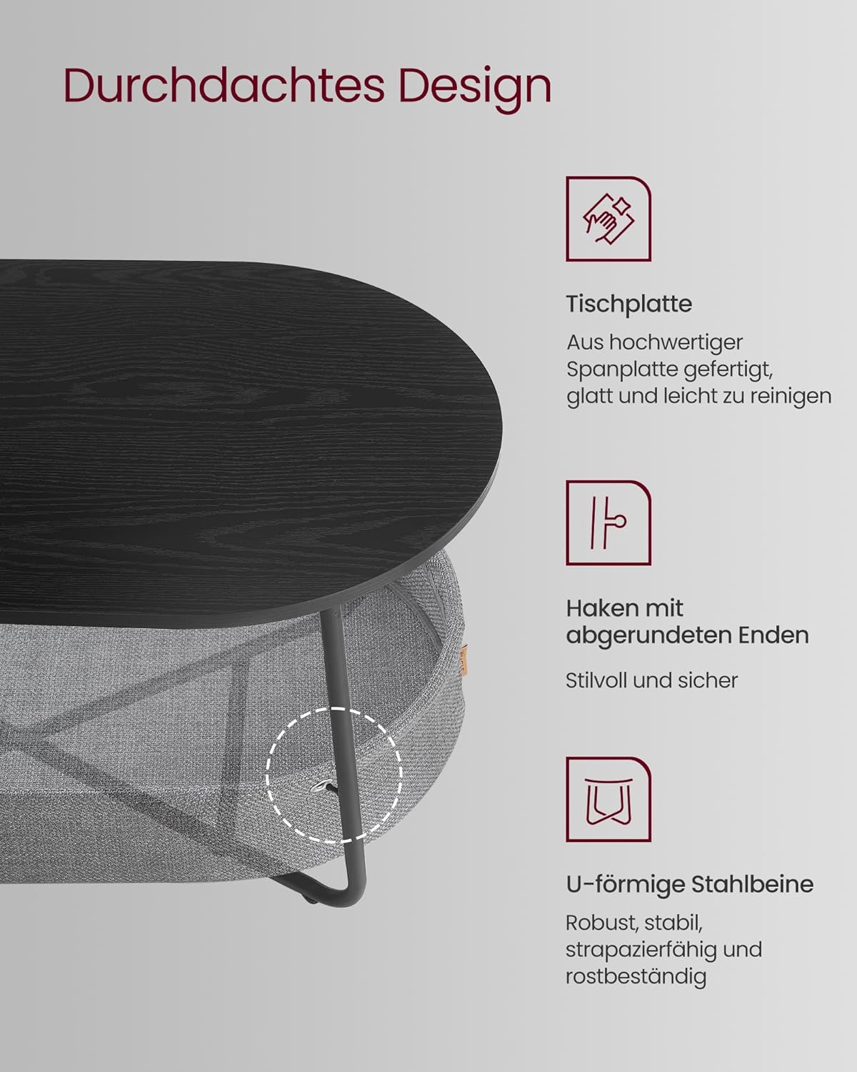 Ovaler Couchtisch mit Stauraum und Stoffkorb, LCT222B56, Tintenschwarz + Schiefergrau oval