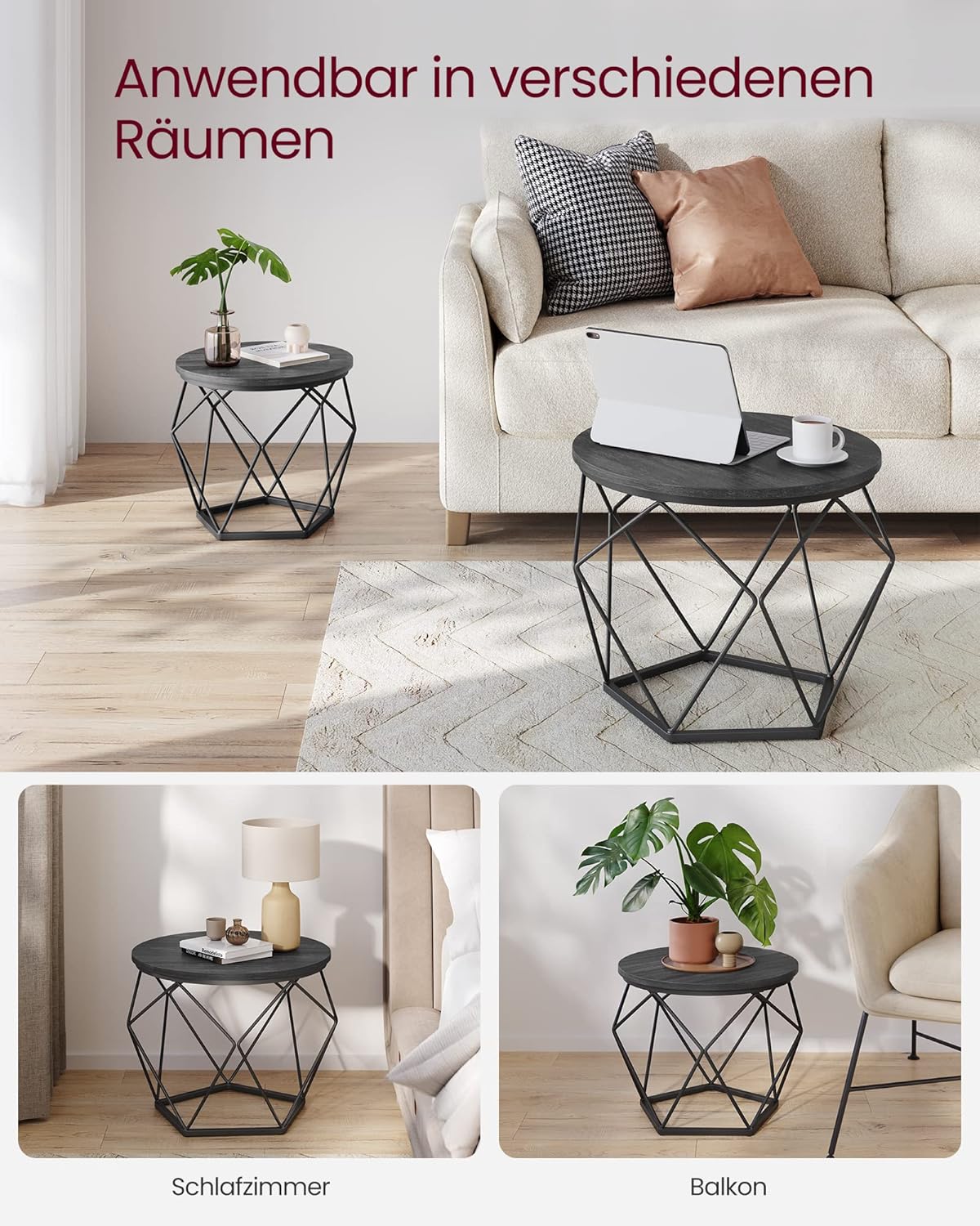 Runder Couchtisch 2er-Set mit abnehmbarer Platte, LCT041B22, 60 cm d, 45 cm H Tintenschwarz