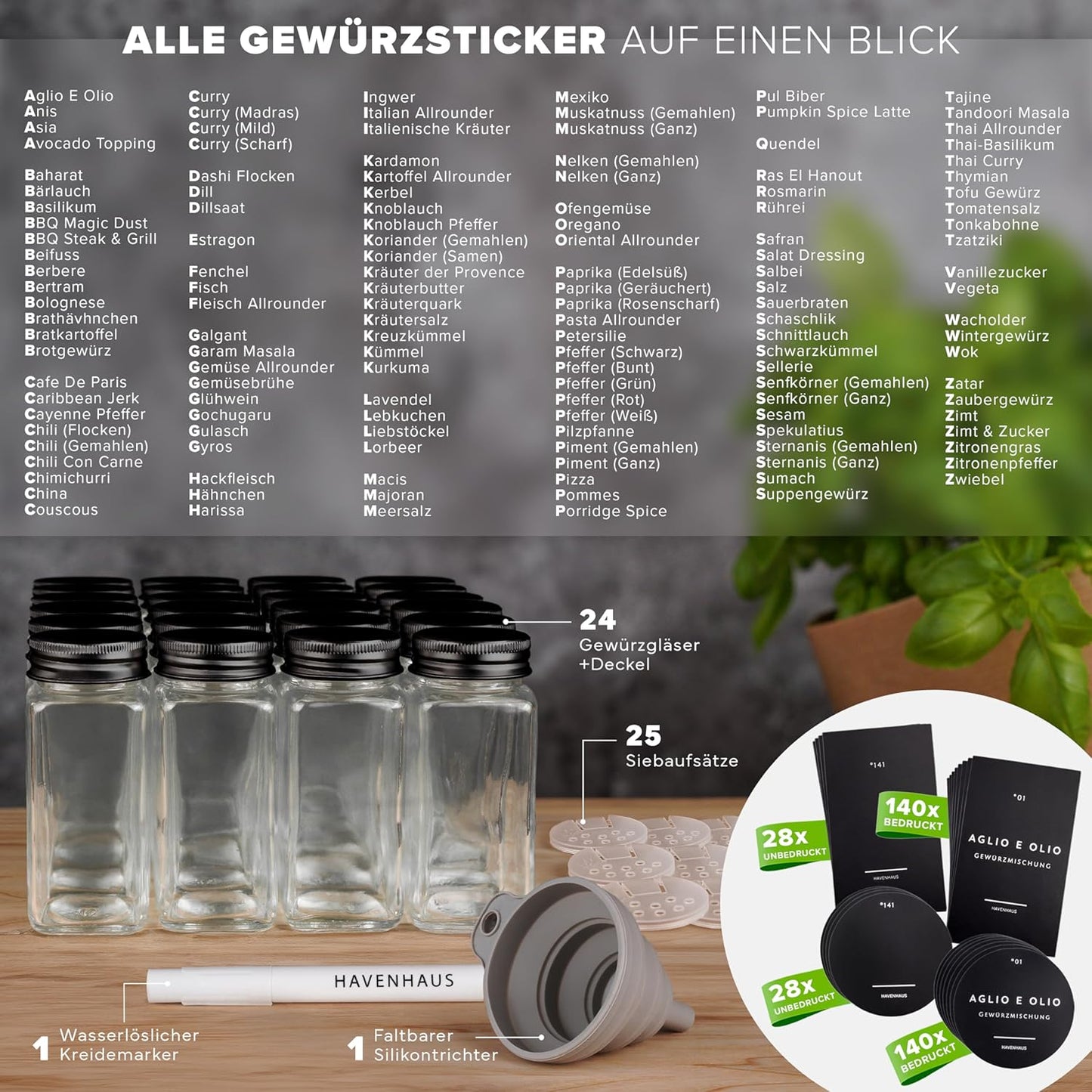 Gewürzgläser-Set mit 336 Gewürzetiketten (24 Stück), 24 Gewürzgläser Schwarze Deckel