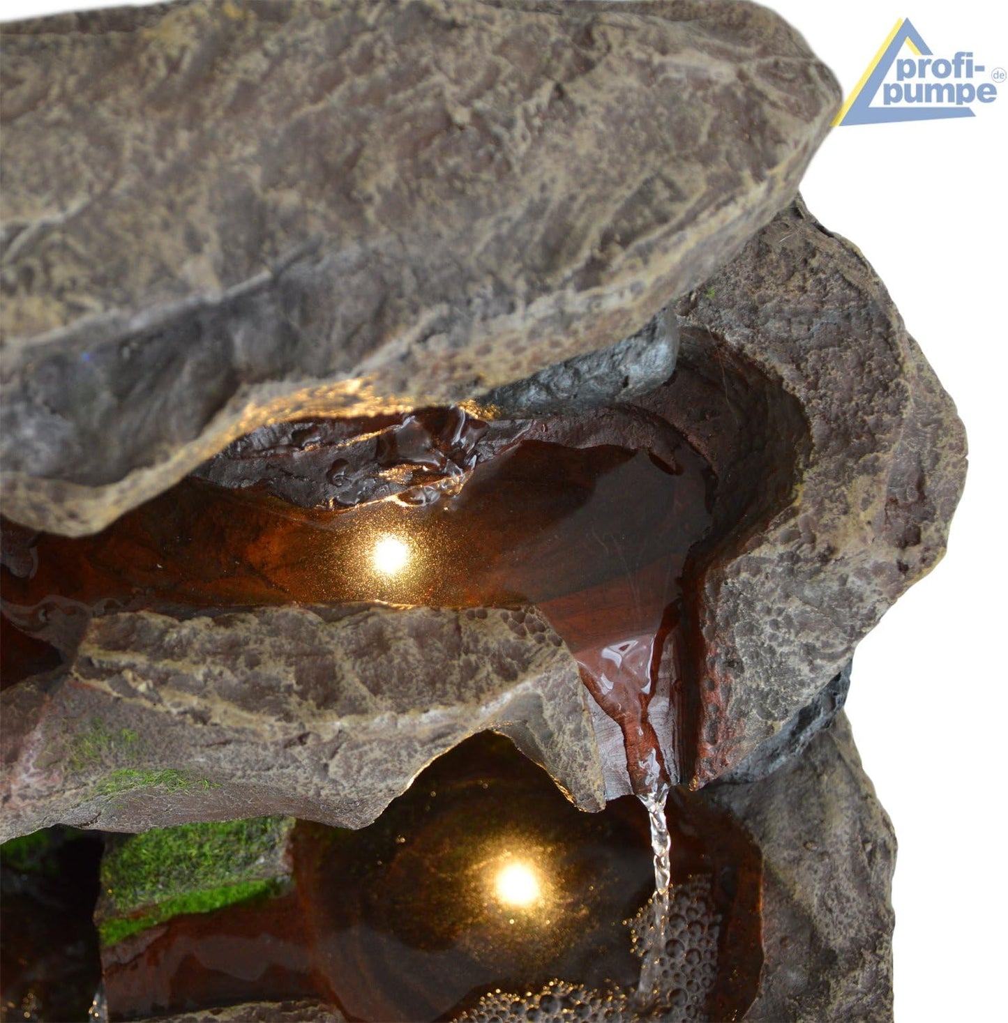 Springbrunnen Stein-Kaskade mit LED-Licht und Wasserfall, Gartenbrunnen Stein-kaskade Schwarzwald mit Led-licht