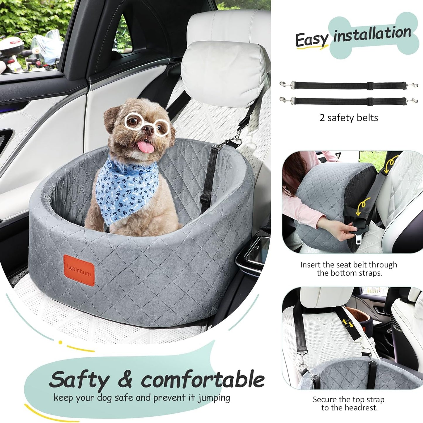Rutschfester Hunde-Autositz mit Sicherheitsleinen, Grey Small