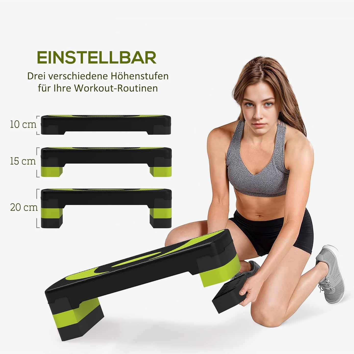 Höhenverstellbarer Aerobic-Stepper (bis 150 kg), Schwarz+Grün