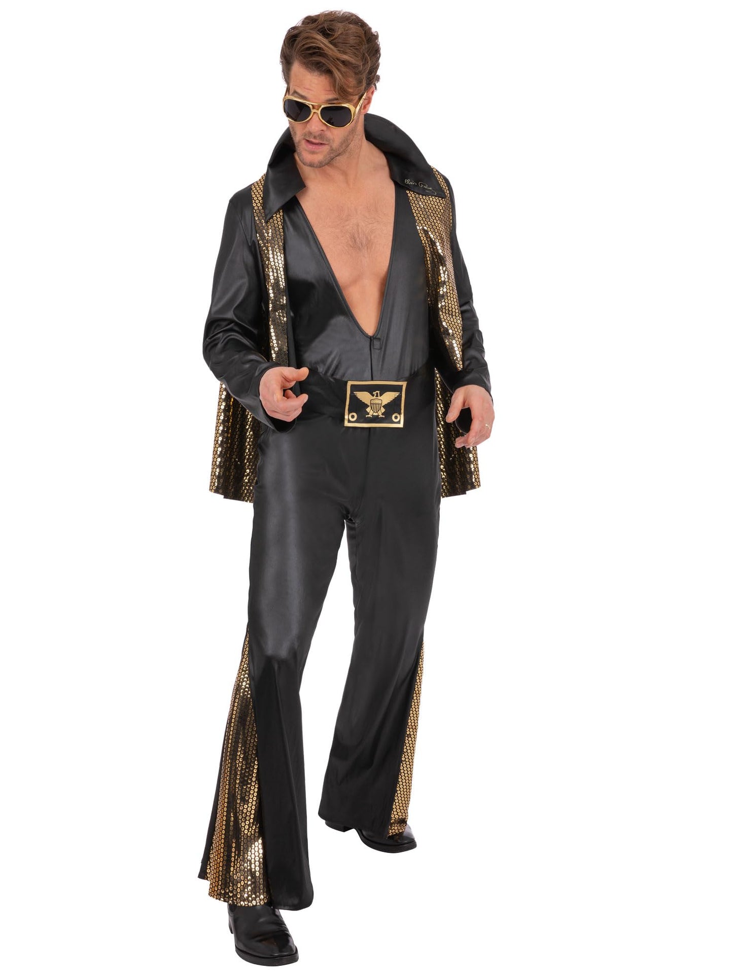 Elvis Overall Kostüm mit Golddetails & Umhang, M