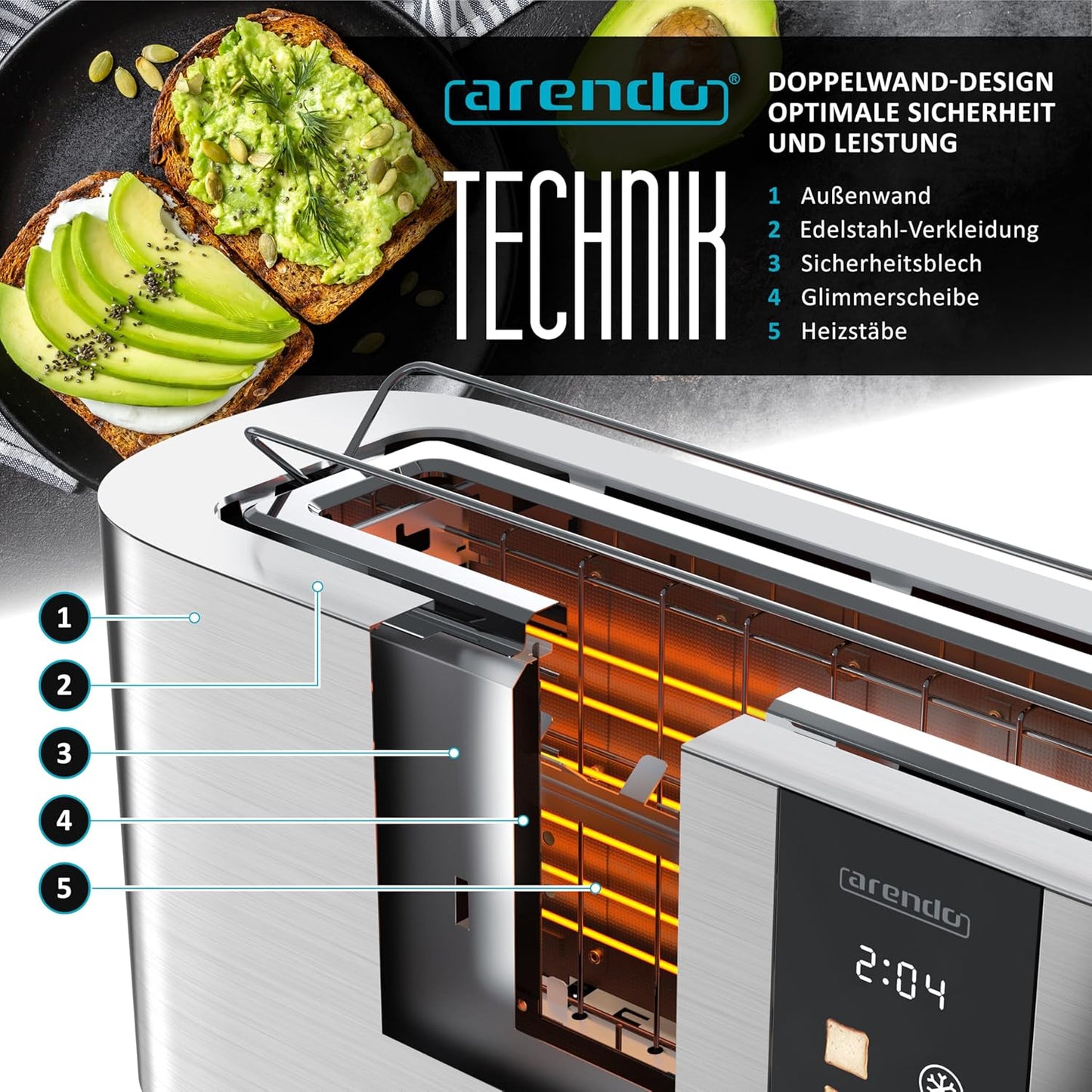 Edelstahl Langschlitz-Toaster mit Touchscreen, C: Steelsilver