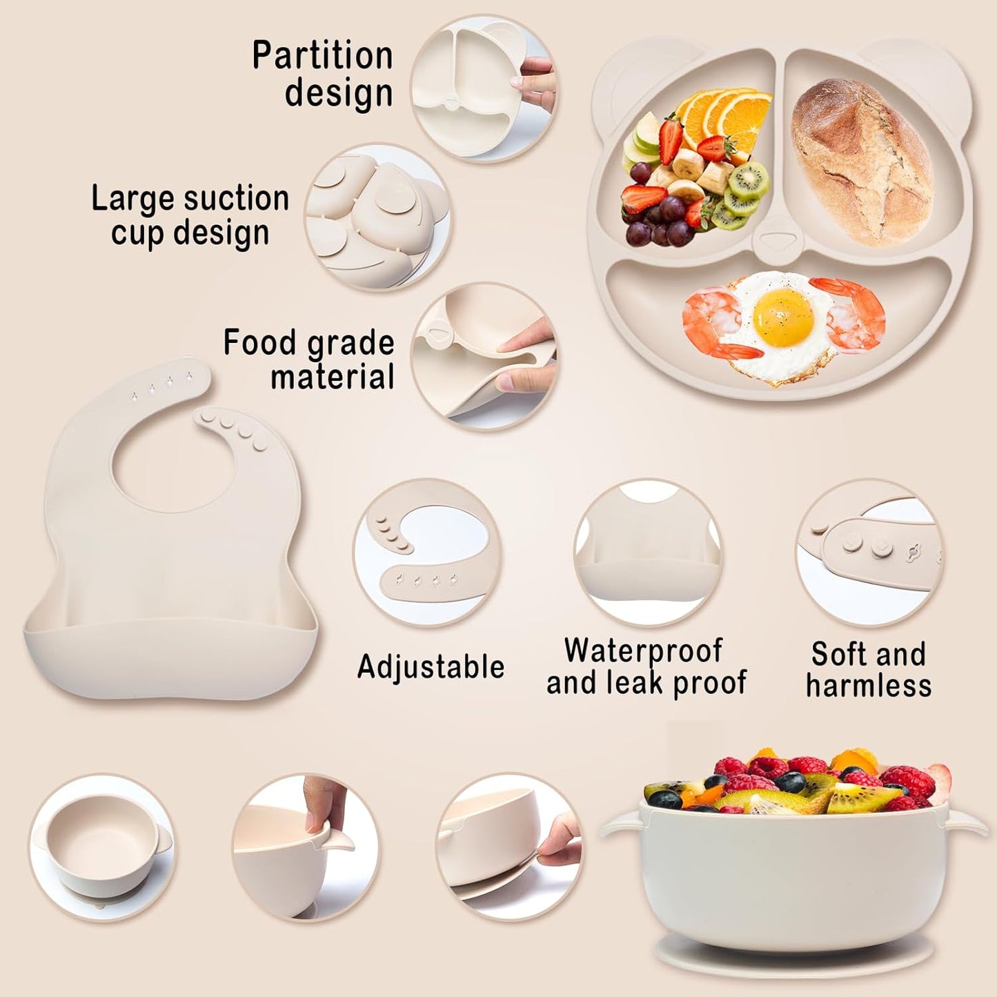 Silikon Baby-Geschirrset, Beige