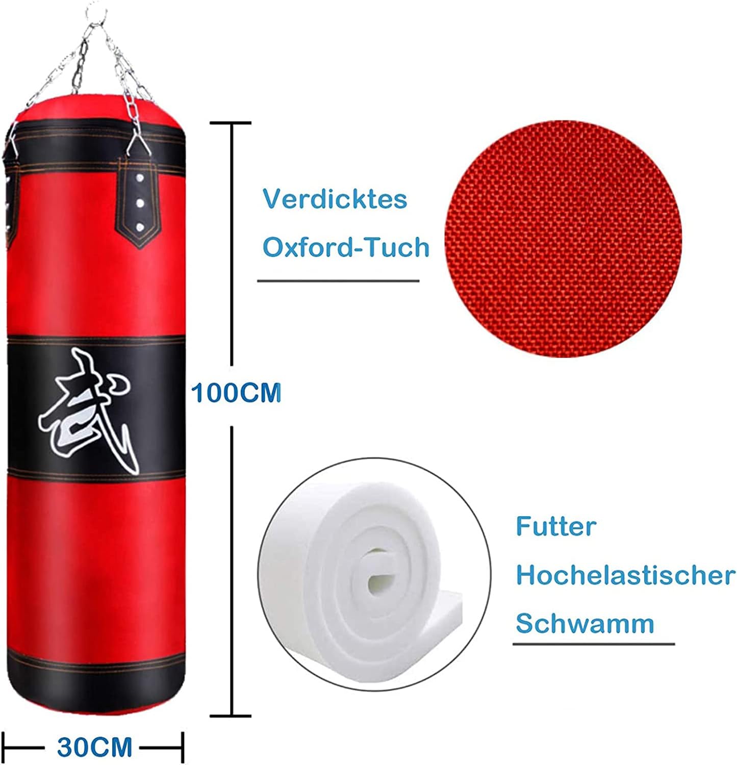 Boxsack mit Stahlkette, Schwarz / Rot