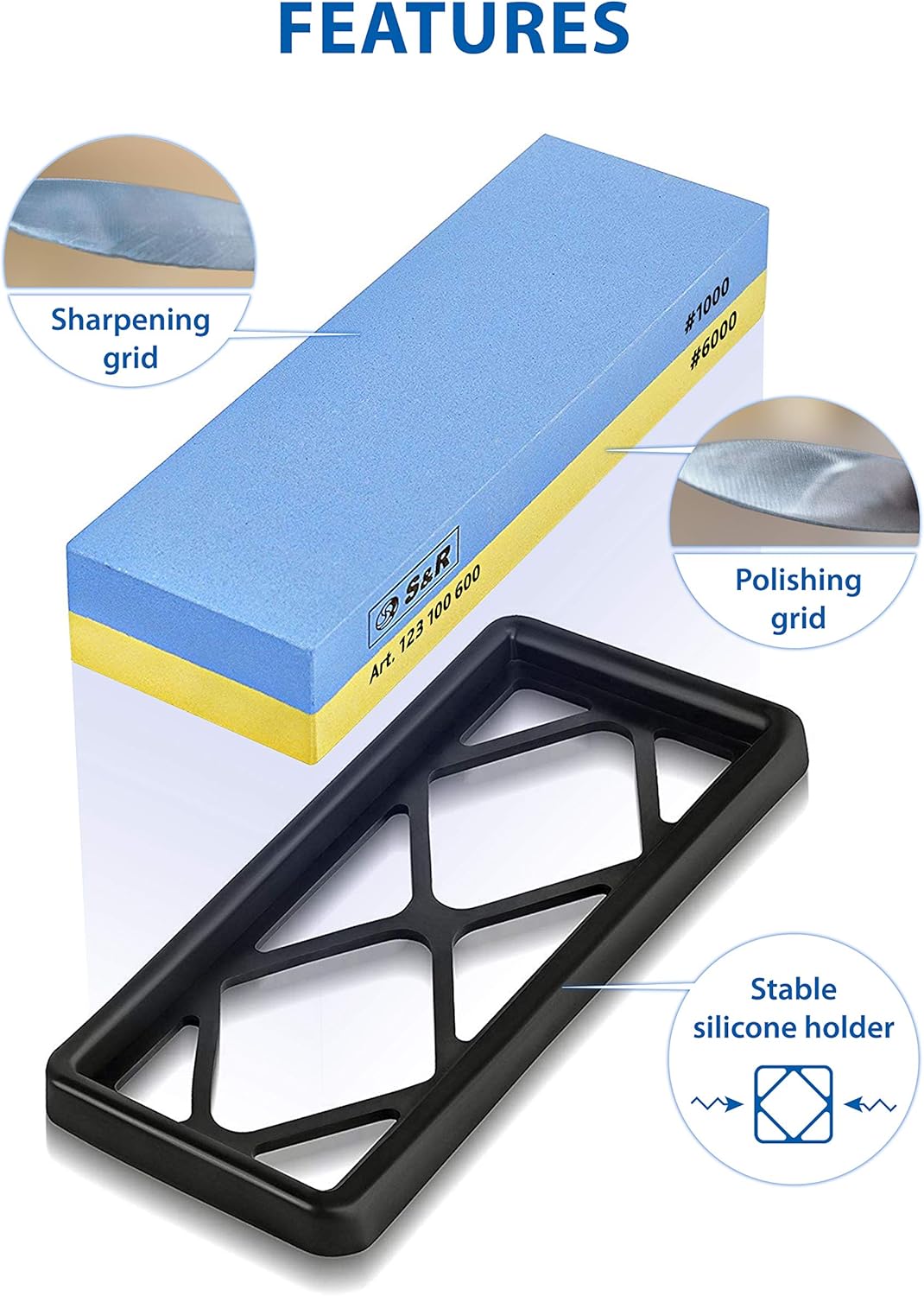 Doppelseitiger Schleifstein, 3. Körnung 1000/6000 + Halter