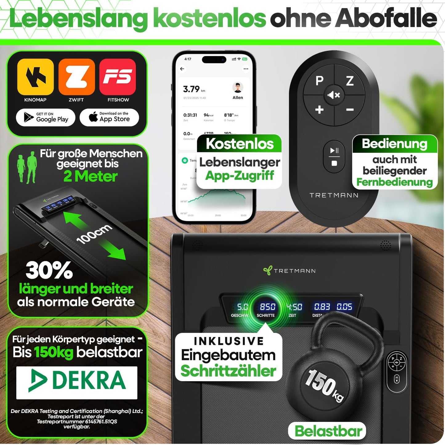 Walking Pad mit Steigung und App-Steuerung, Schwarz