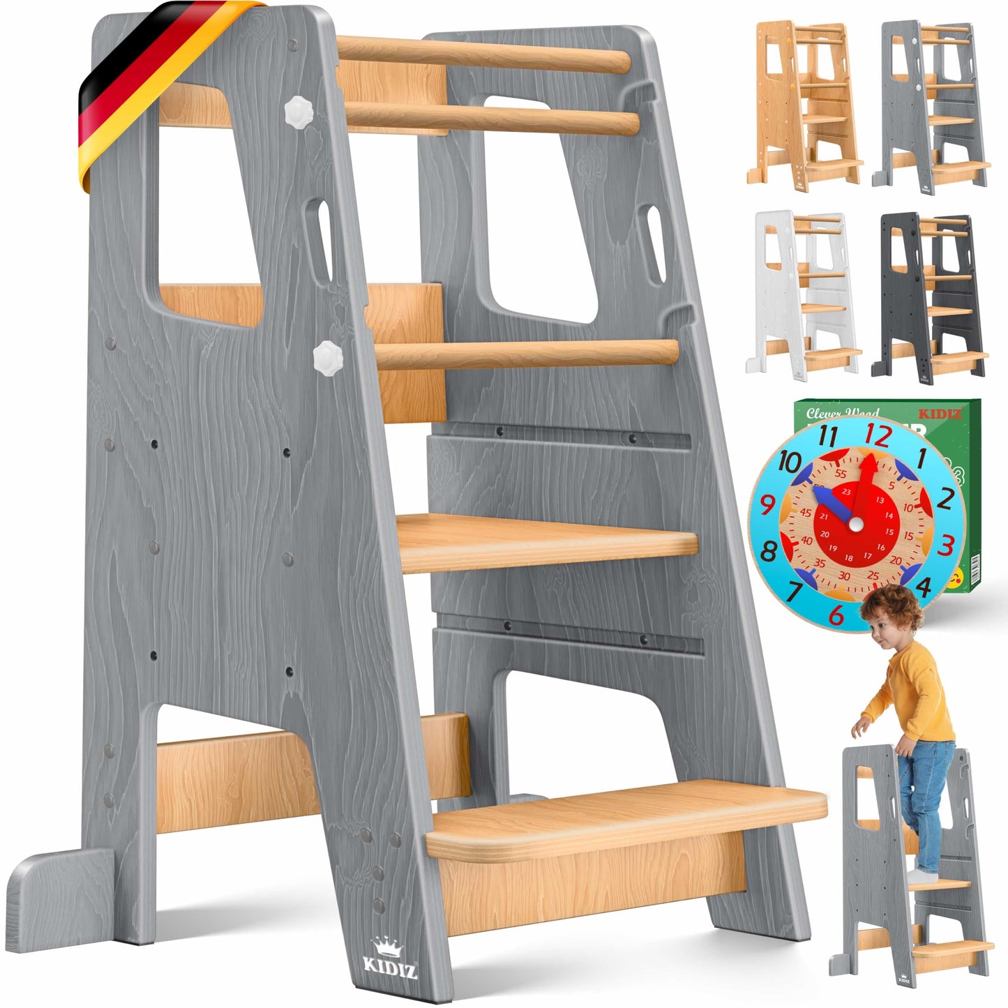 Lernturm für Kinder ab 1 Jahr, höhenverstellbar, Grau & Kiefer