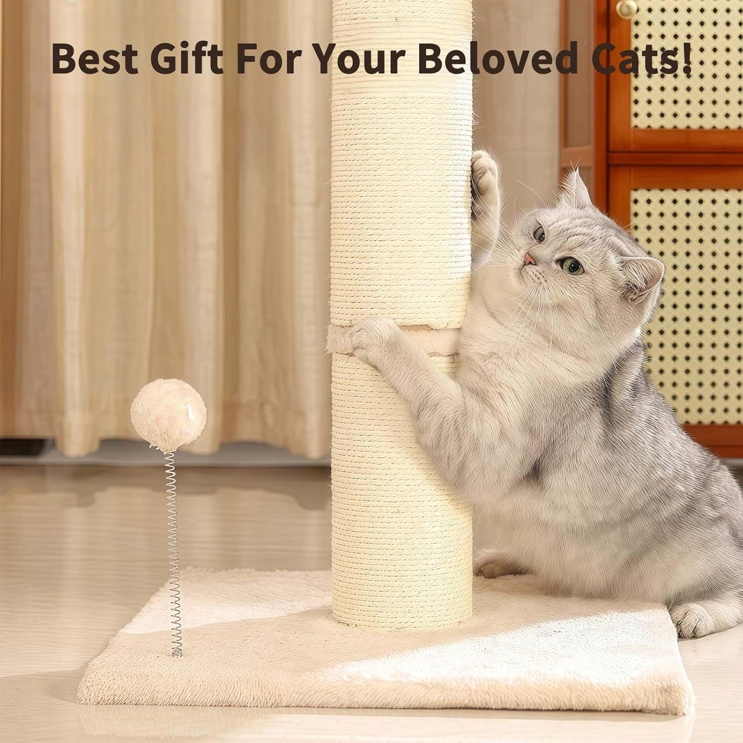 Katzenkratzbaum mit Spielball und Plüschbezug (68 cm), Beiger kurzer Plüsch