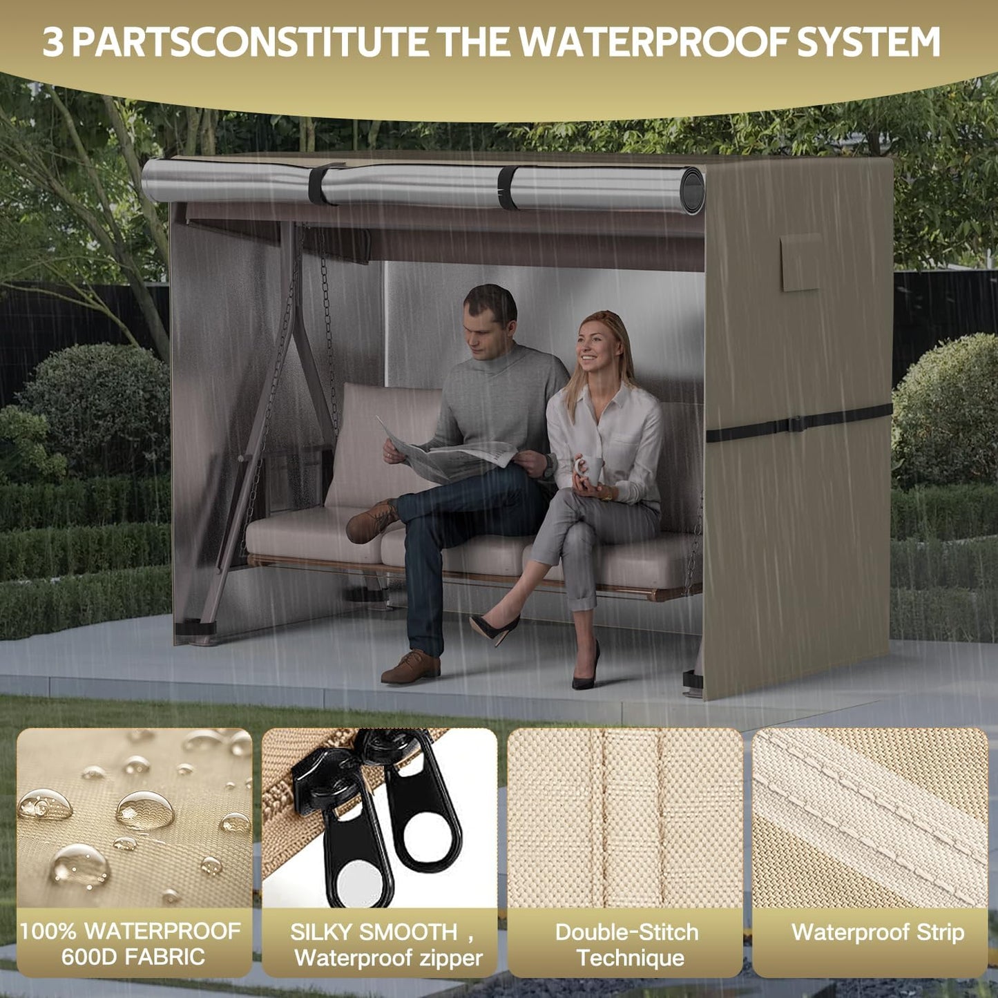 Hollywoodschaukel Abdeckung für 2-Sitzer (175x125x160cm), Khaki 175x125x160cm