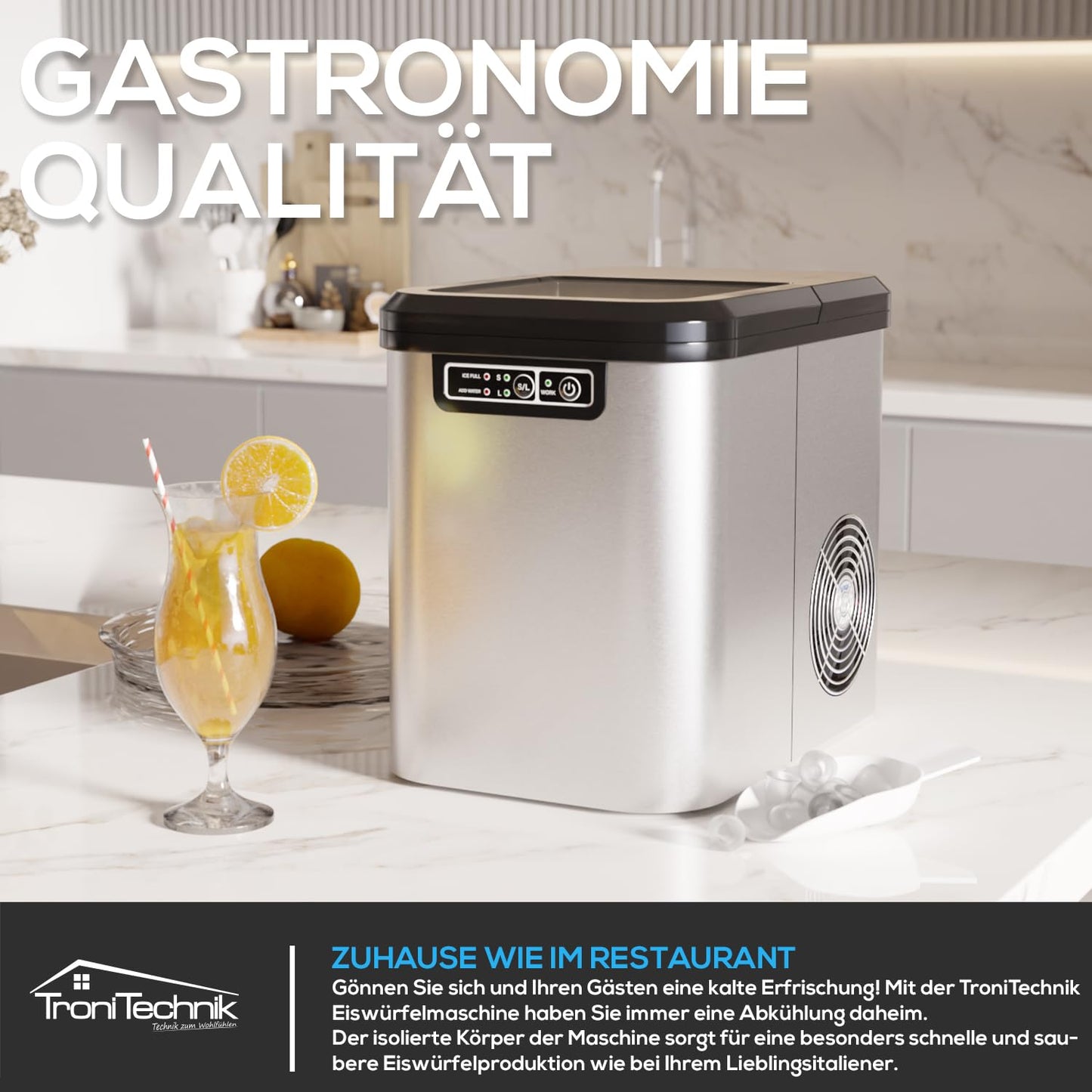 Eiswürfelmaschine mit Selbstreinigung, Edelstahl (Silber)
