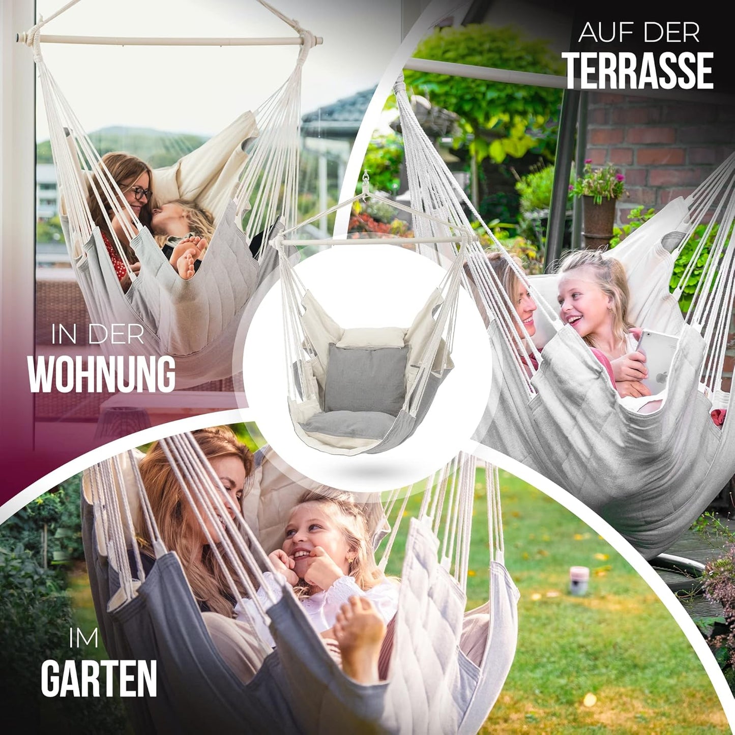 XXL Hängesessel für Indoor & Outdoor (inkl. Kissen), Beige/Grau