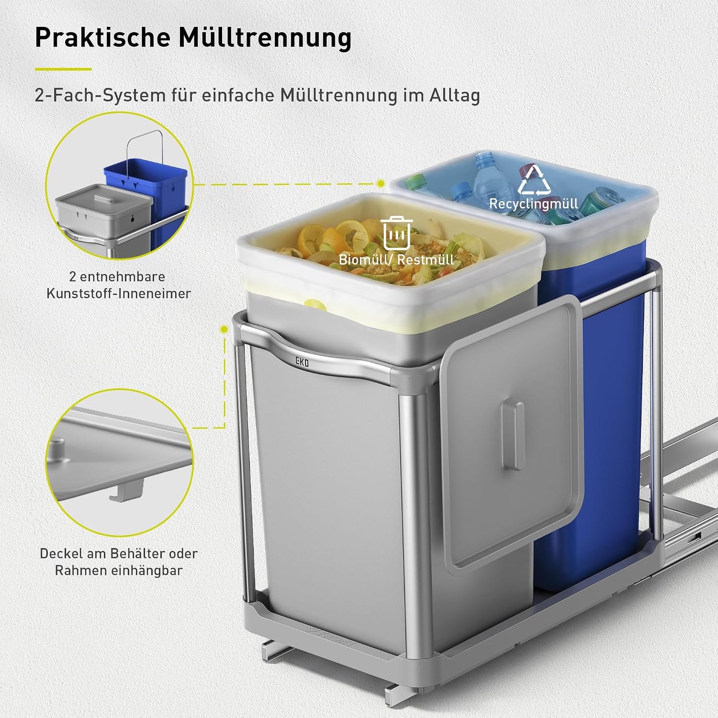 Ausziehbarer Unterschrank-Mülleimer, 34L + 24L