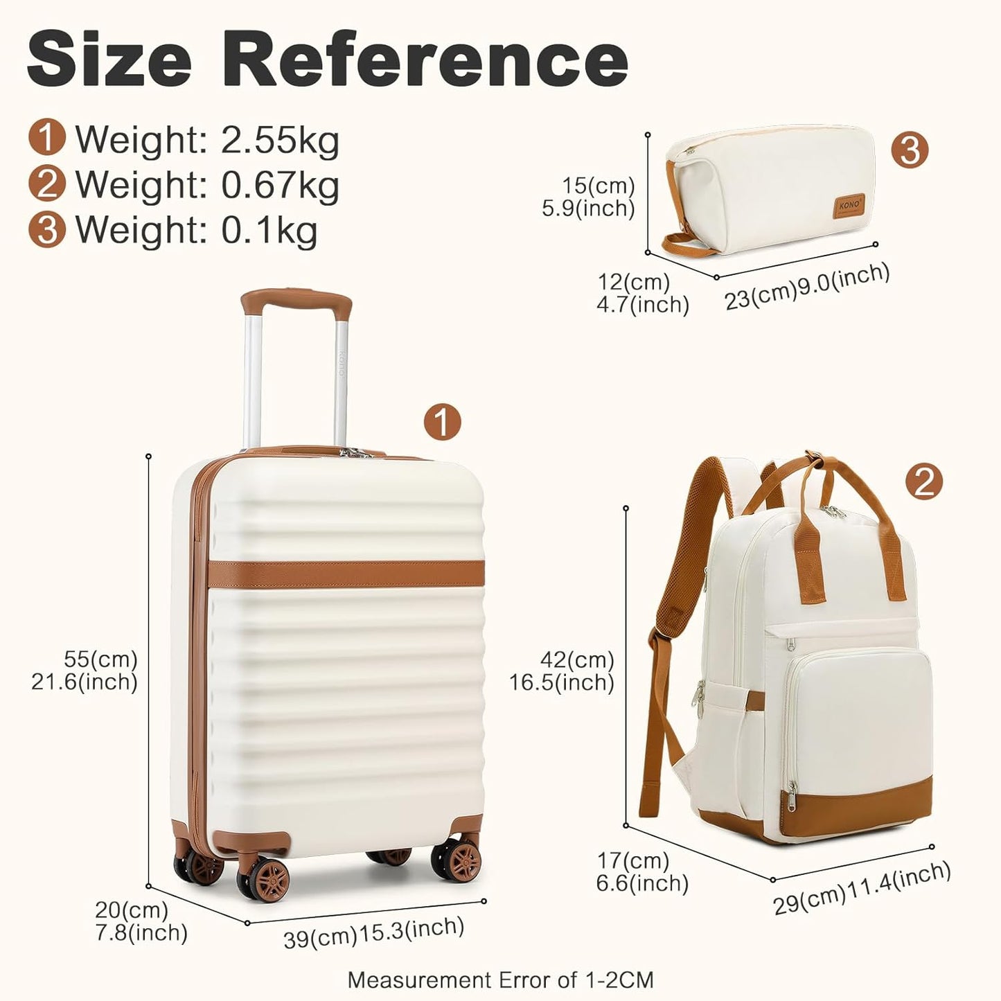 3-teiliges Handgepäck-Set, Creme/Braun