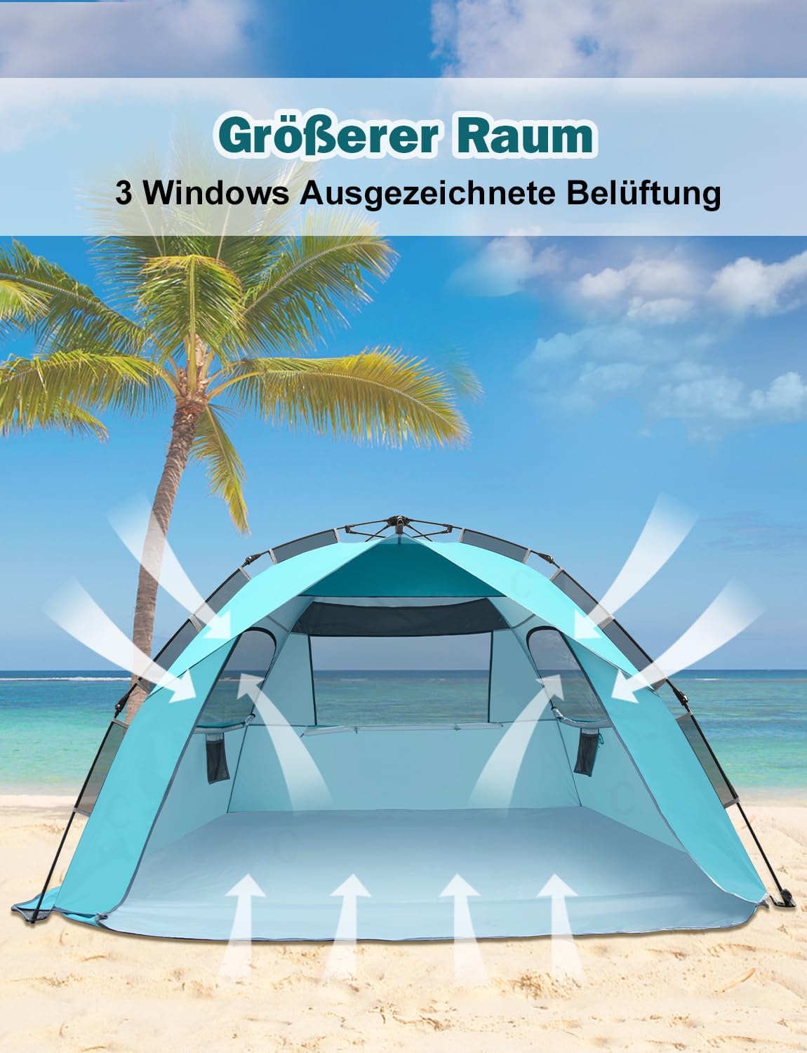 Quick-Up Strandmuschel mit UV-Schutz 50+ für 4-6 Personen, Blau mit silbernem Vinyl