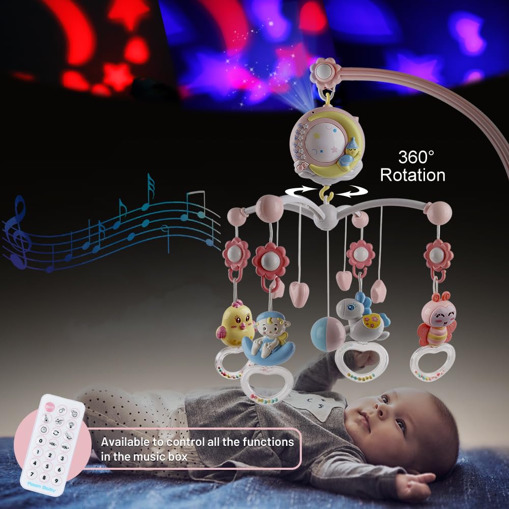 Babybett-Mobile mit 150 Melodien, Projektor, Fernbedienung, Rotationsfunktion und Timer, Rosa