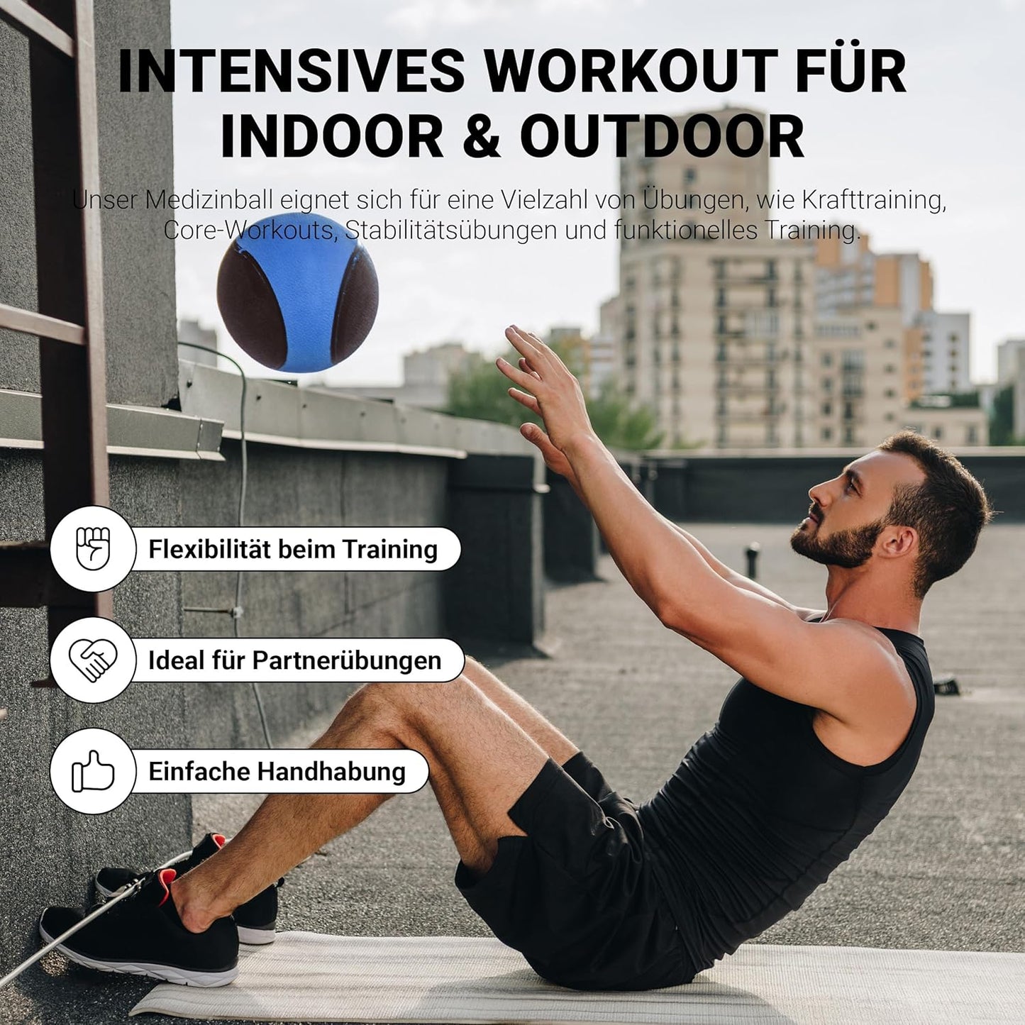 Medizinball mit Übungsposter, 5 kg - Blau