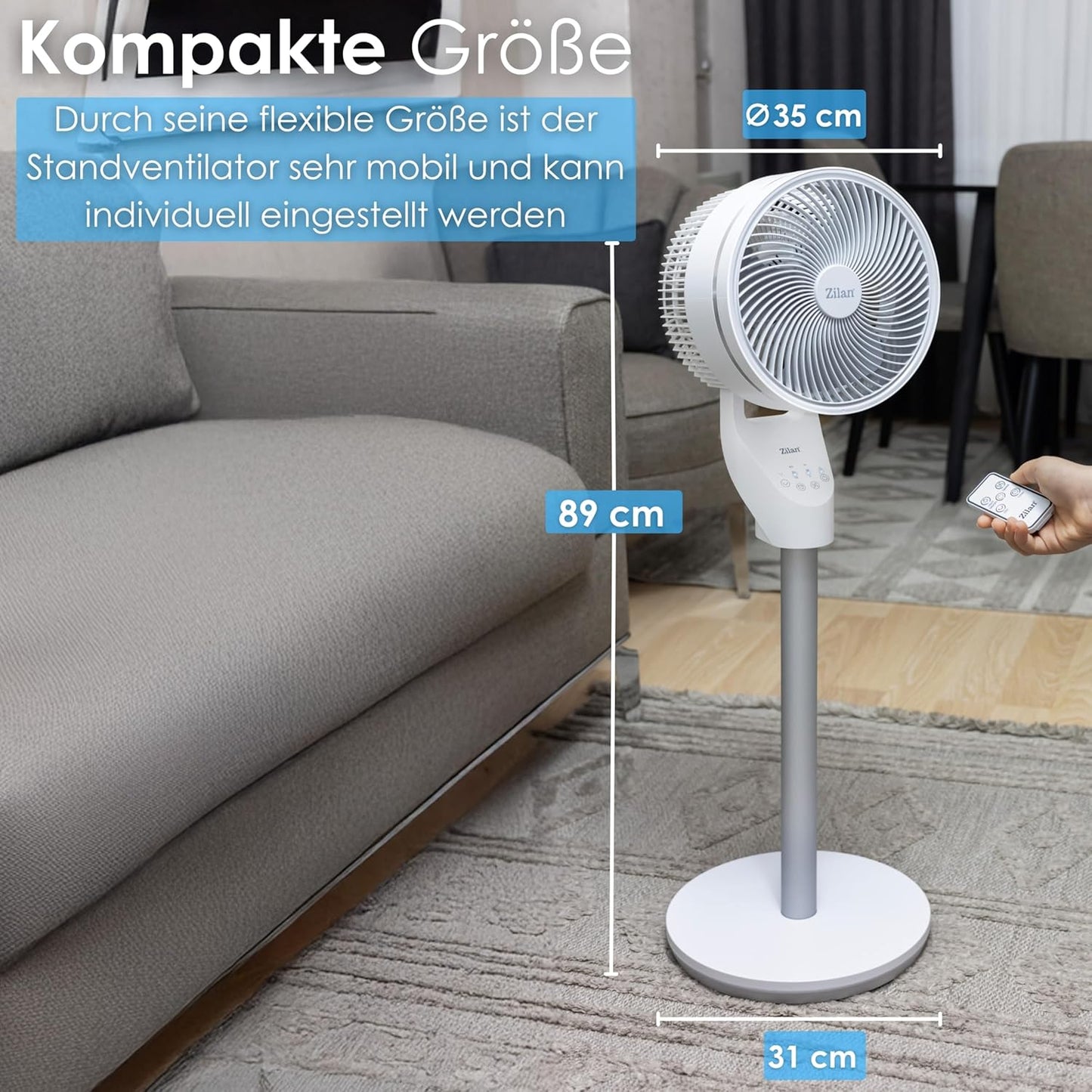 Leiser Standventilator mit Fernbedienung und Timer, Weiss mit Fb