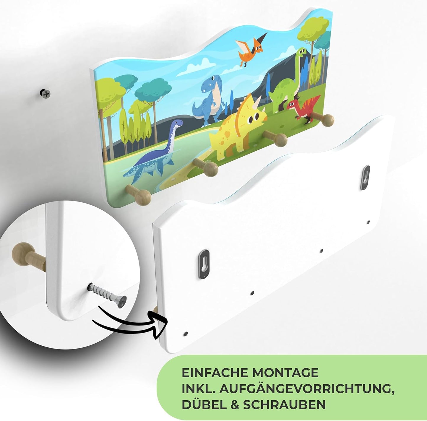 Dino-Motiv Kindergarderobe mit 4 Haken, Dino