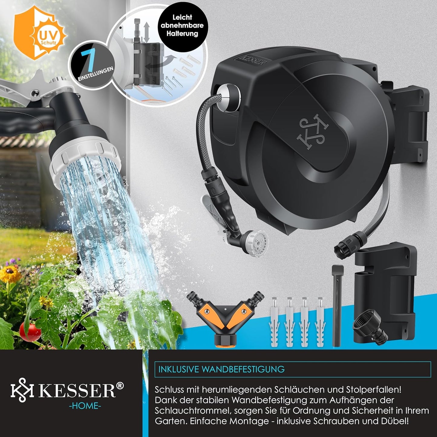 Schlauchtrommel mit 30m Gartenschlauch & Handbrause, 30m Anthrazit / Schwarz