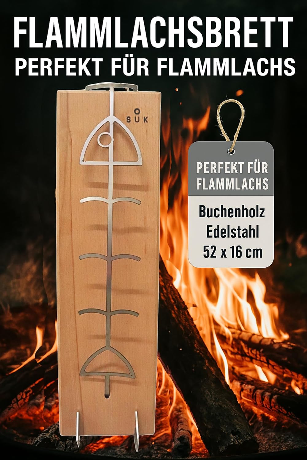 Flammlachsbrett mit Halterung, Buche