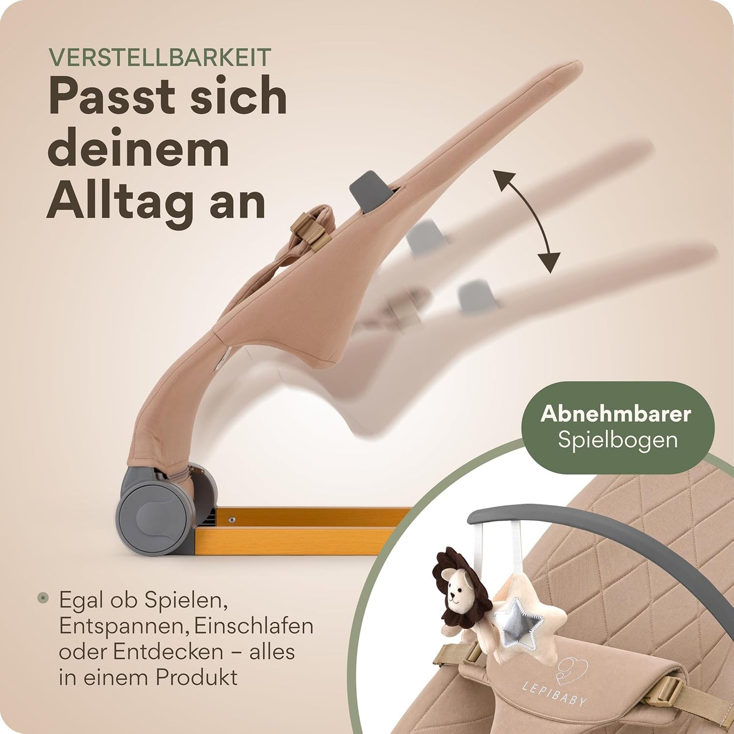 Babywippe Faltbar & Verstellbar mit Spielbogen, Beige