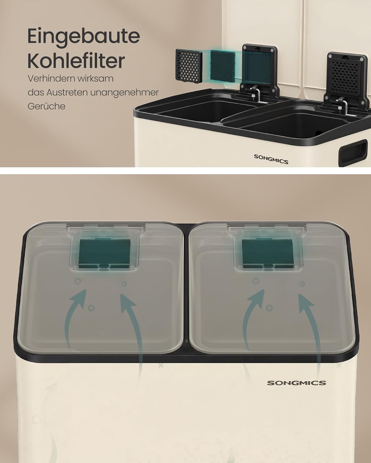 Mülleimer mit 2 Fächern und Softclose-Deckel, cremefarben