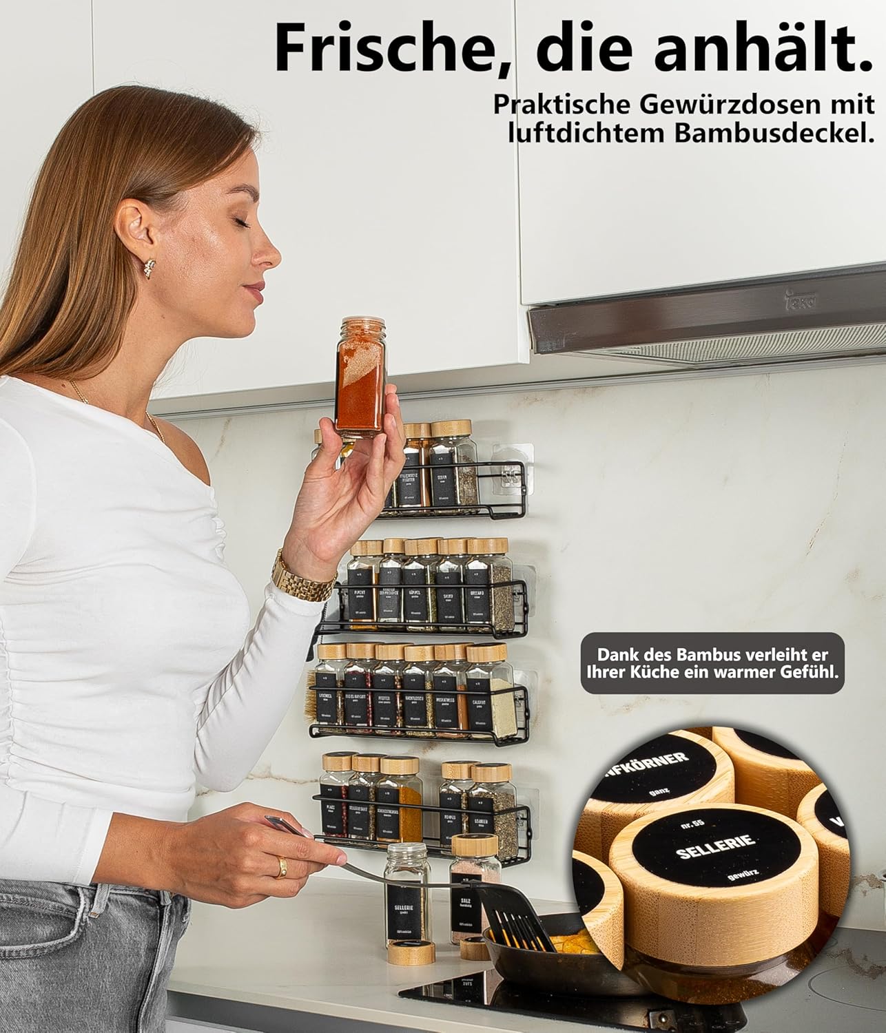 Gewürzregal-Set zum Aufhängen, mit Gläser, Deckel Bambus