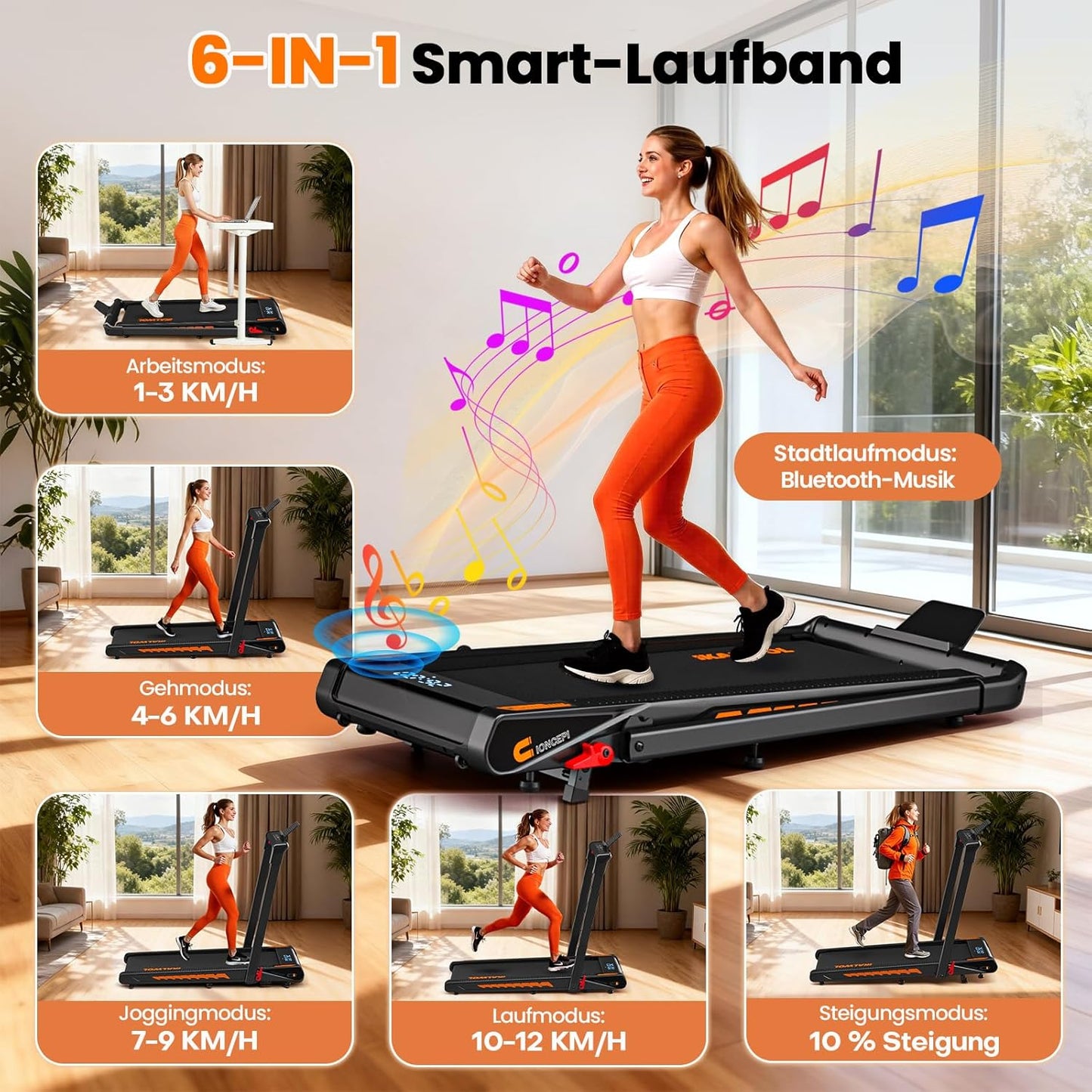 Bluetooth-Laufband mit Steigung & HIIT, Schwarz-orange