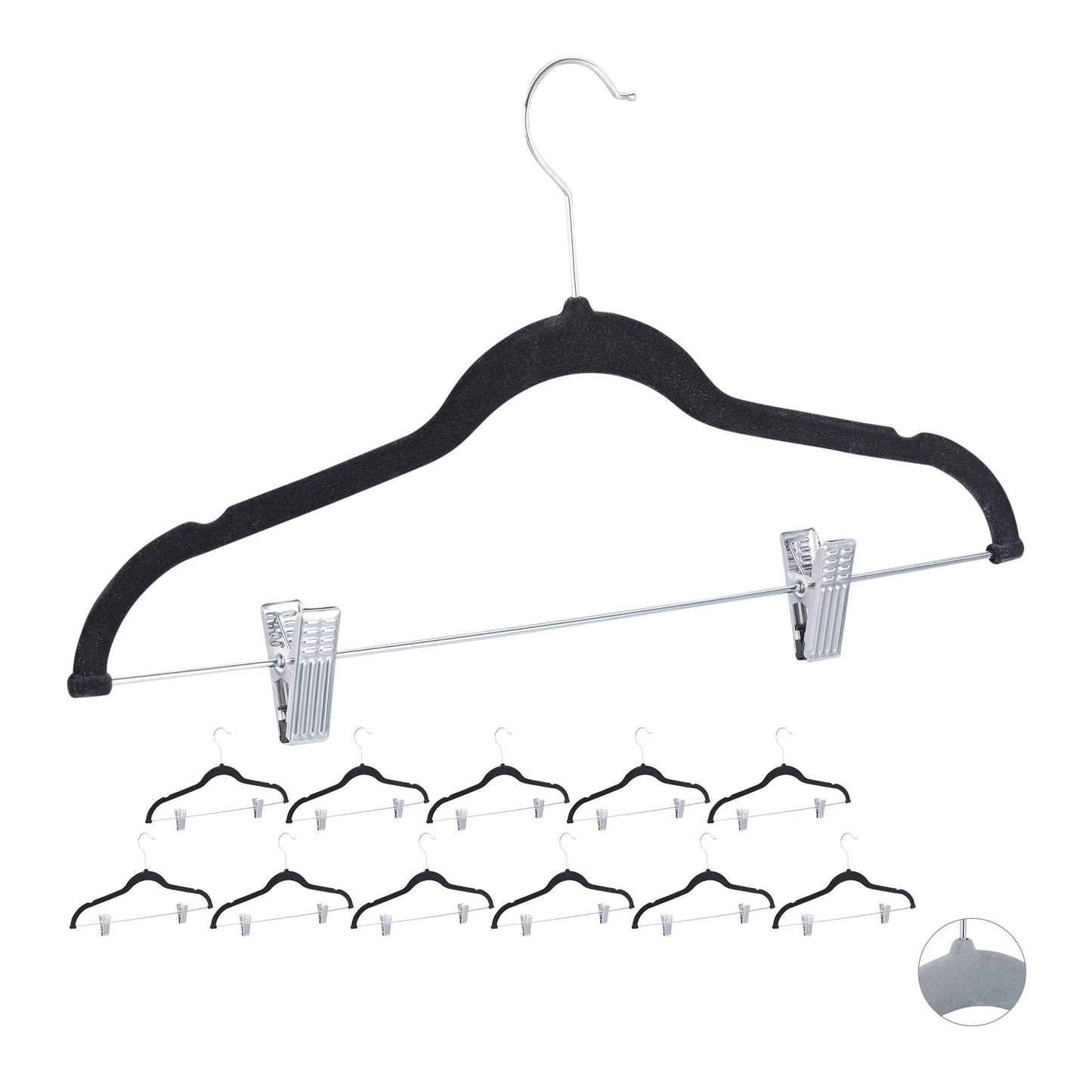 Samtbügel-Set mit Clips und 360° Drehhaken, 1 Schwarz, Silber 22.5 x 43 x 2.8 cm